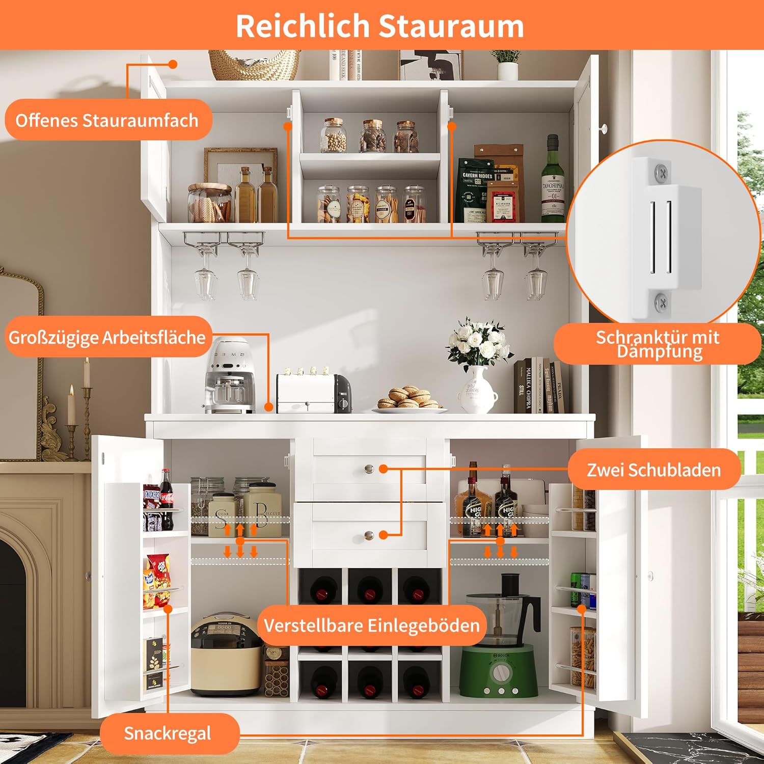 Armadietto da cucina a buffet con ripiani regolabili e scaffale per vino, armadietto alto da cucina a buffet con 4 ante e 2 cassetti, credenza, 120 x 40 x 188 cm, bianco