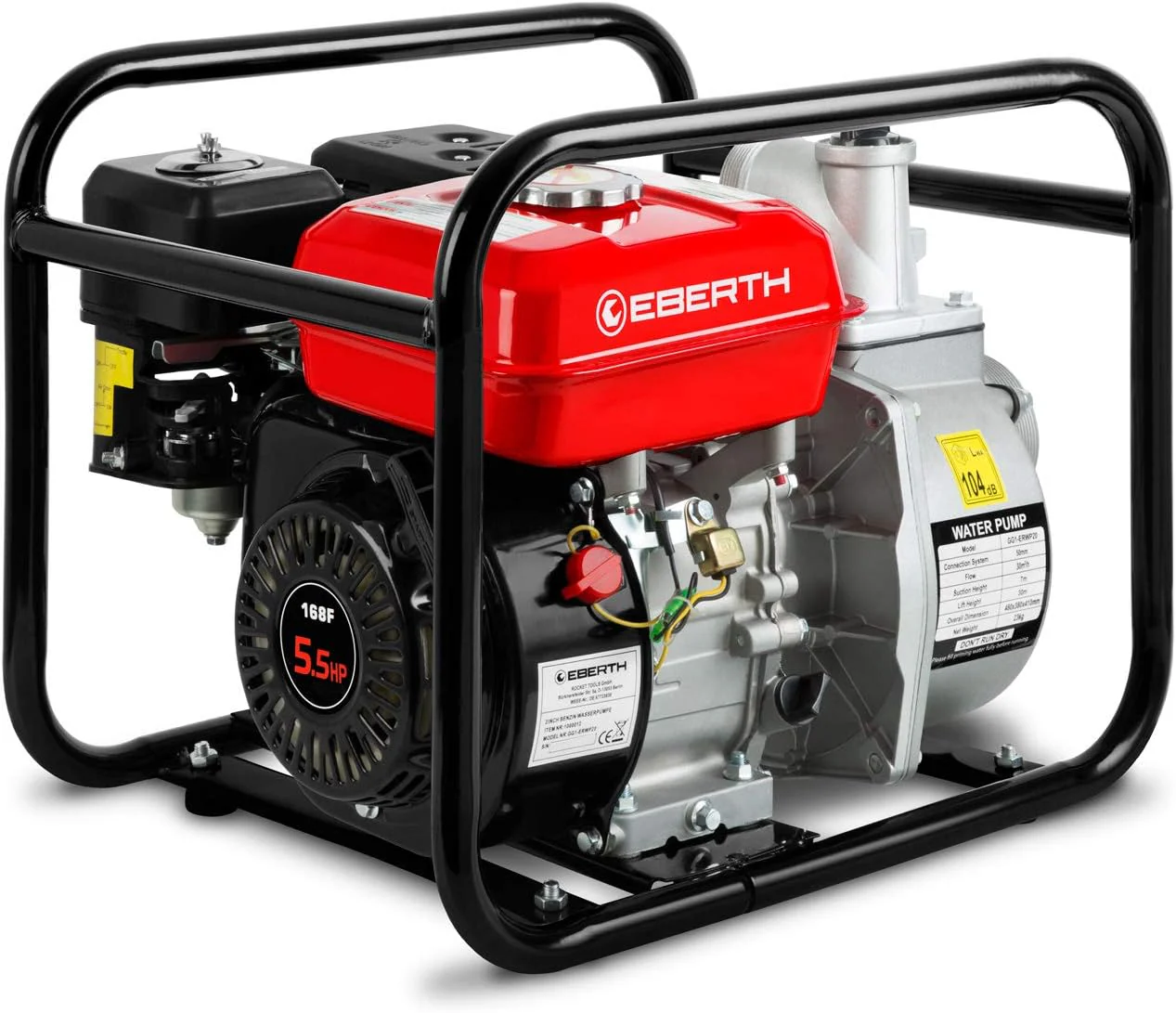 EBERTH 5,5 PK waterpomp met 30.000 l/u en 30 m opvoerhoogte, 2 inch aansluiting, tuin-/vuilwaterpomp met 4-taktmotor en 7 m aanzuighoogte, benzinepomp, trekstarter, metalen voet, handvat