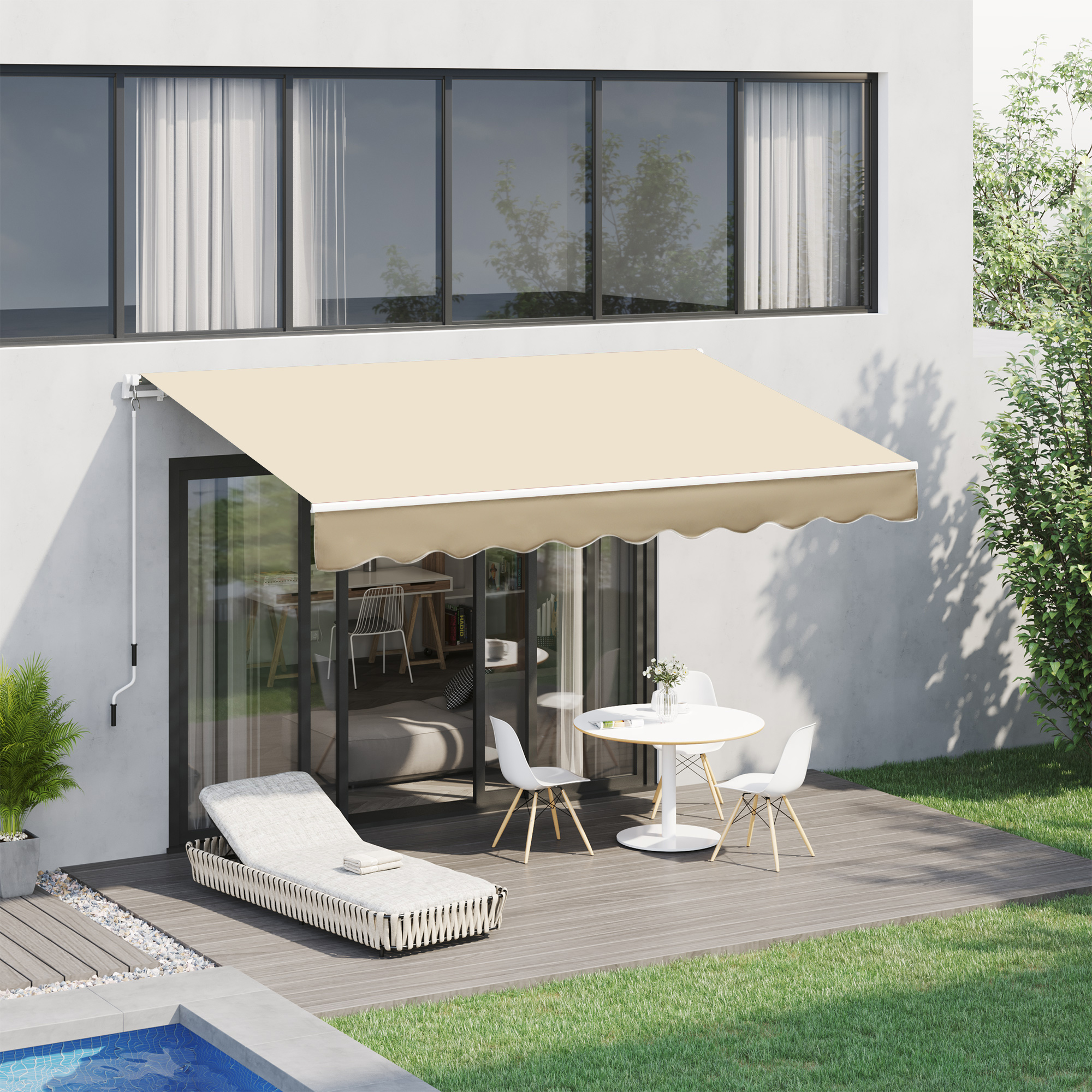 Outsunny Manuell ausziehbare Markise 295 x 245 cm mit Kurbel, UV-Schutz, Aluminiumrahmen, beige