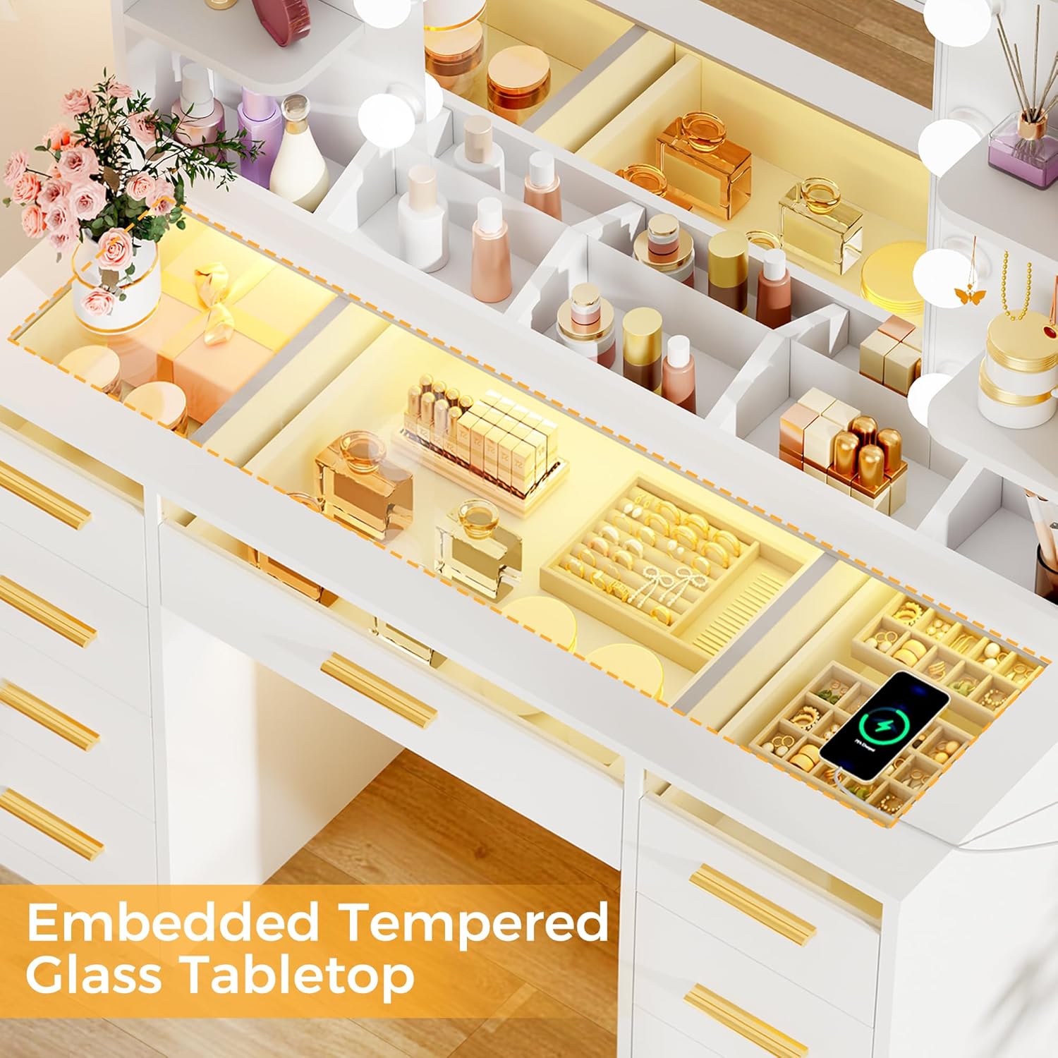 ANWBROAD BDT95W Large Makeup Vanity with Mirror and Adjustable Brightness Lights, Makeup Table with Glass Top, Makeup Desk with Sockets 9 RGB Drawers and 9 Open Shelves Modern White