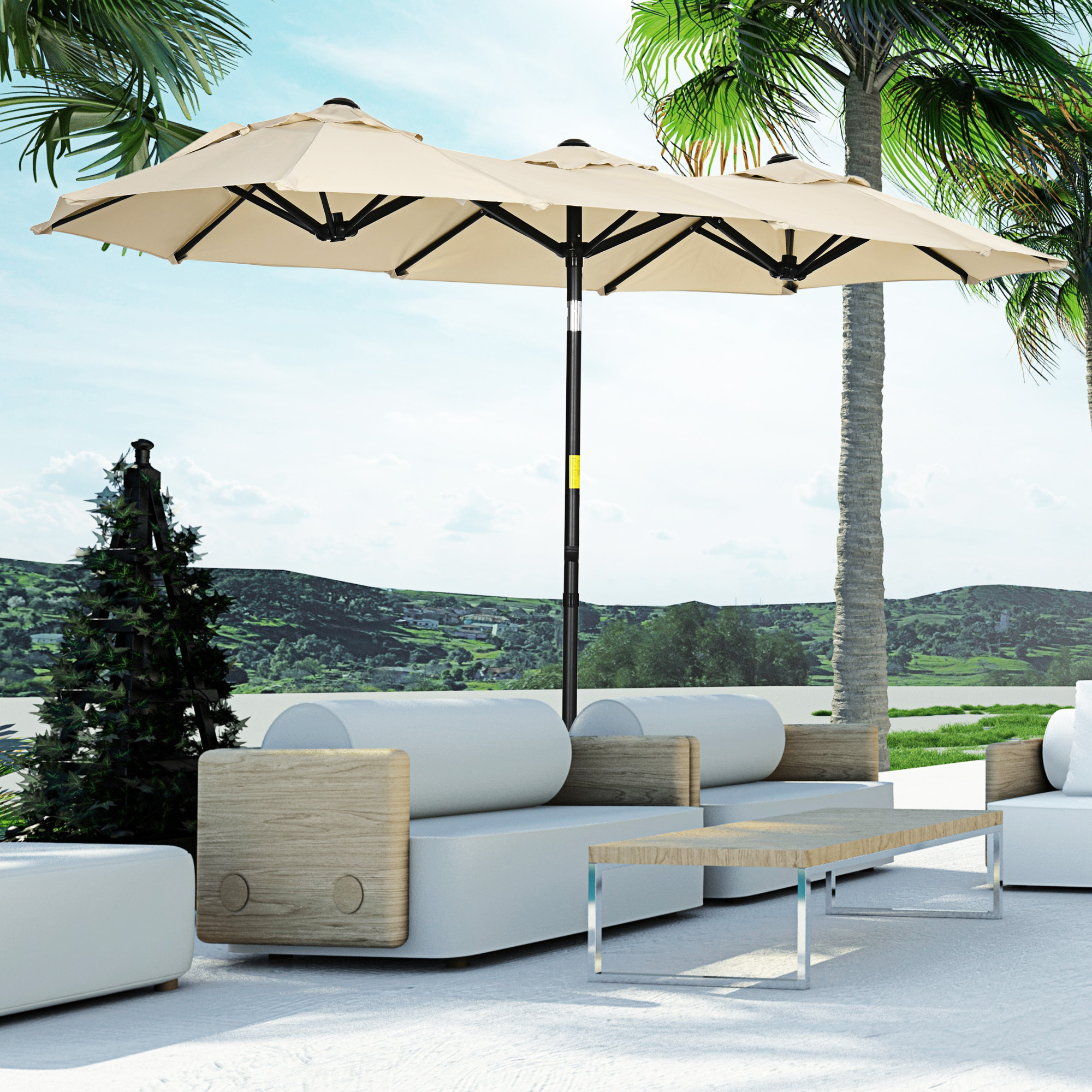 Outsunny Sonnenschirm, Gartenschirm, neigbar, mit Handkurbel, Winddach, Polyester+Stahl, khaki,295 x 152 cm