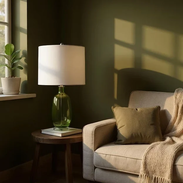 62cm Smoked Green Glass Table Lamp & Linen Shade �C Mid-Century Inspired Elegance
