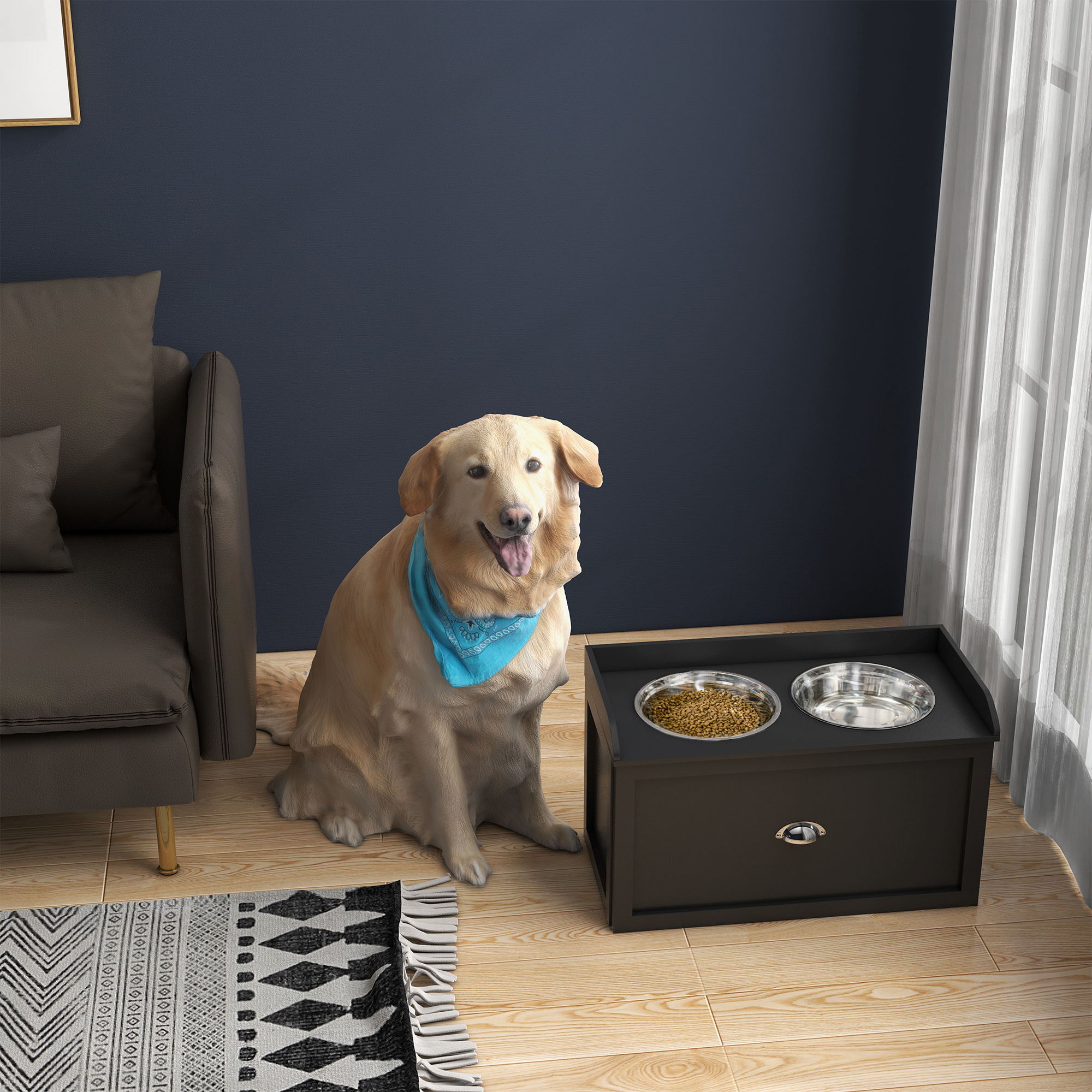 PawHut Erhöhte Hundeschalen aus Edelstahl und Holz mit Schublade, 60x30x36cm, Schwarz