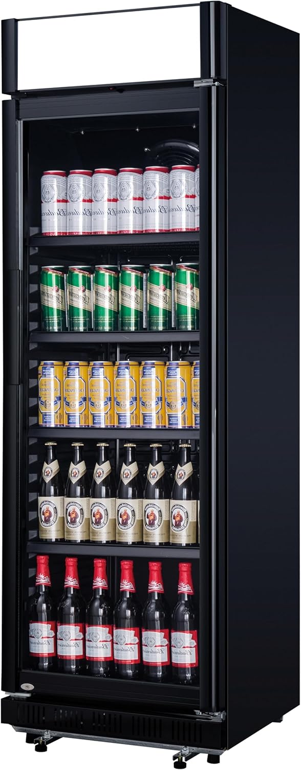 METRO Professional Frigorifero per bevande in acciaio/alluminio, porta in vetro con serratura e chiave, 4 ripiani regolabili, 180 W, illuminazione a LED (Nero, 347 L - con tettuccio)