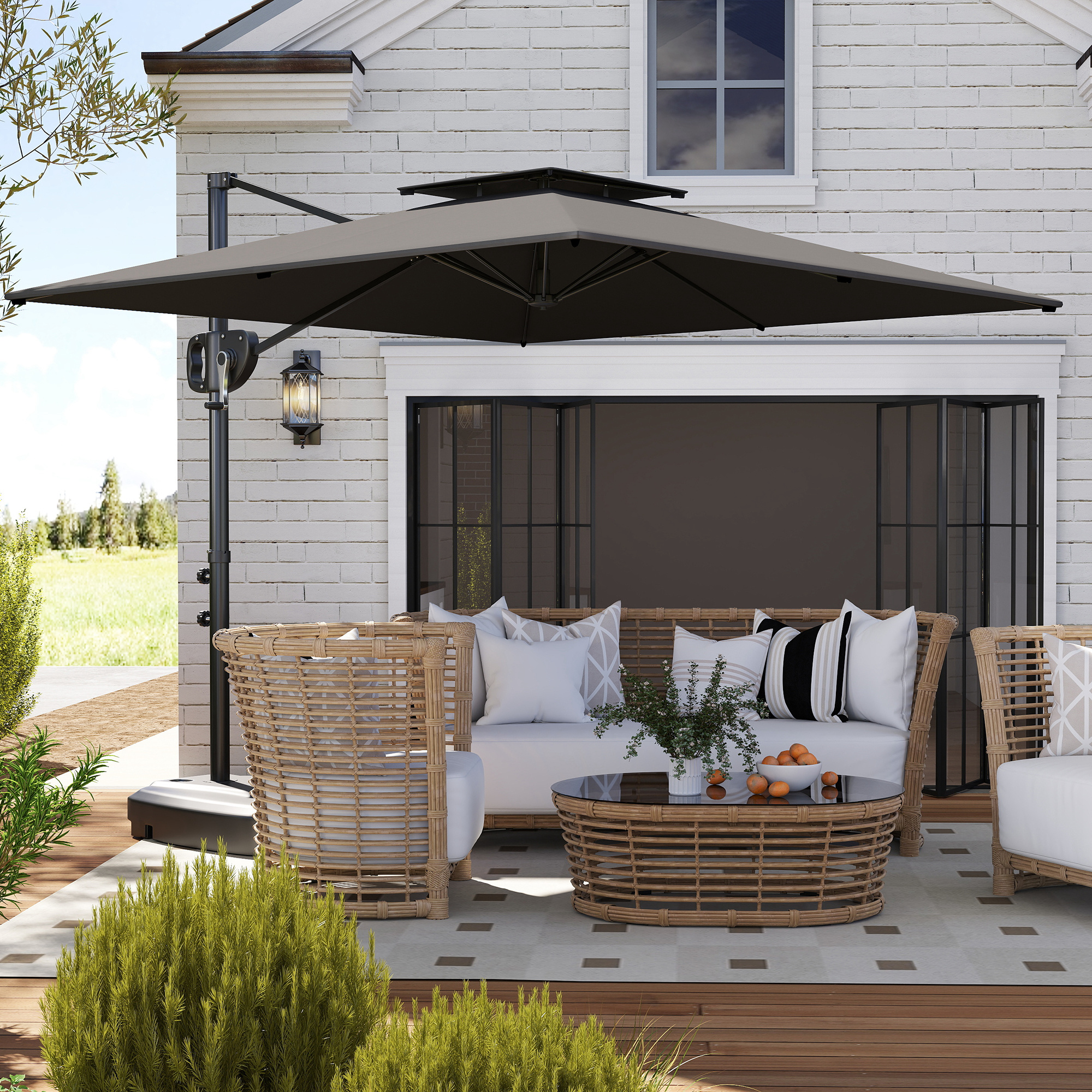 Outsunny Versetzter quadratischer Sonnenschirm 2,5 x 2,5 m, Garten- und Outdoor-Sonnenschirm mit Kurbel, 2 Ständer inklusive, 8 Metallstreben, Dunkelgrau