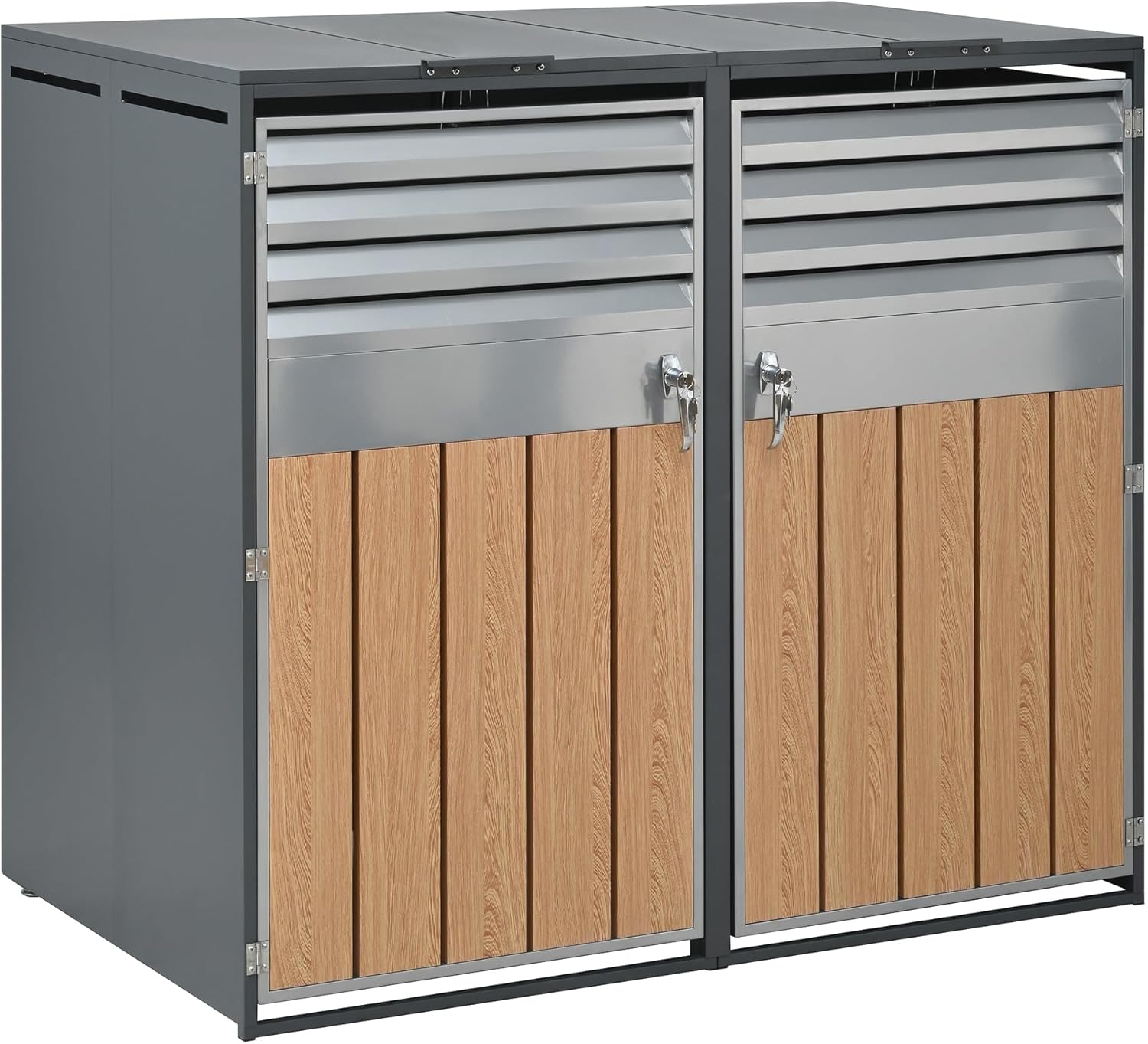 Mülltonnenbox 2Er Für 2 Mülltonne Bis 240L Mit Klappdeckel, Lüftungsöffnung Mit Lamellen, Trash Storage Compartments,Abschließbar, Zwei Türen, Garten Müllbox, Mülltonnenverkleidung,2 Bin