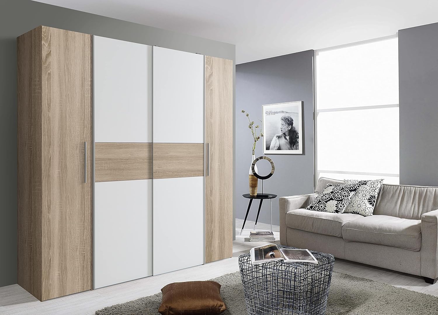 AVANTI TRENDSTORE - Flavi - Wardrobe with 2 hinged doors and 2 sliding doors. Available in different colours. LAP dimensions 200 x 190.5 x 61.7 cm (Sonoma Oak/White)