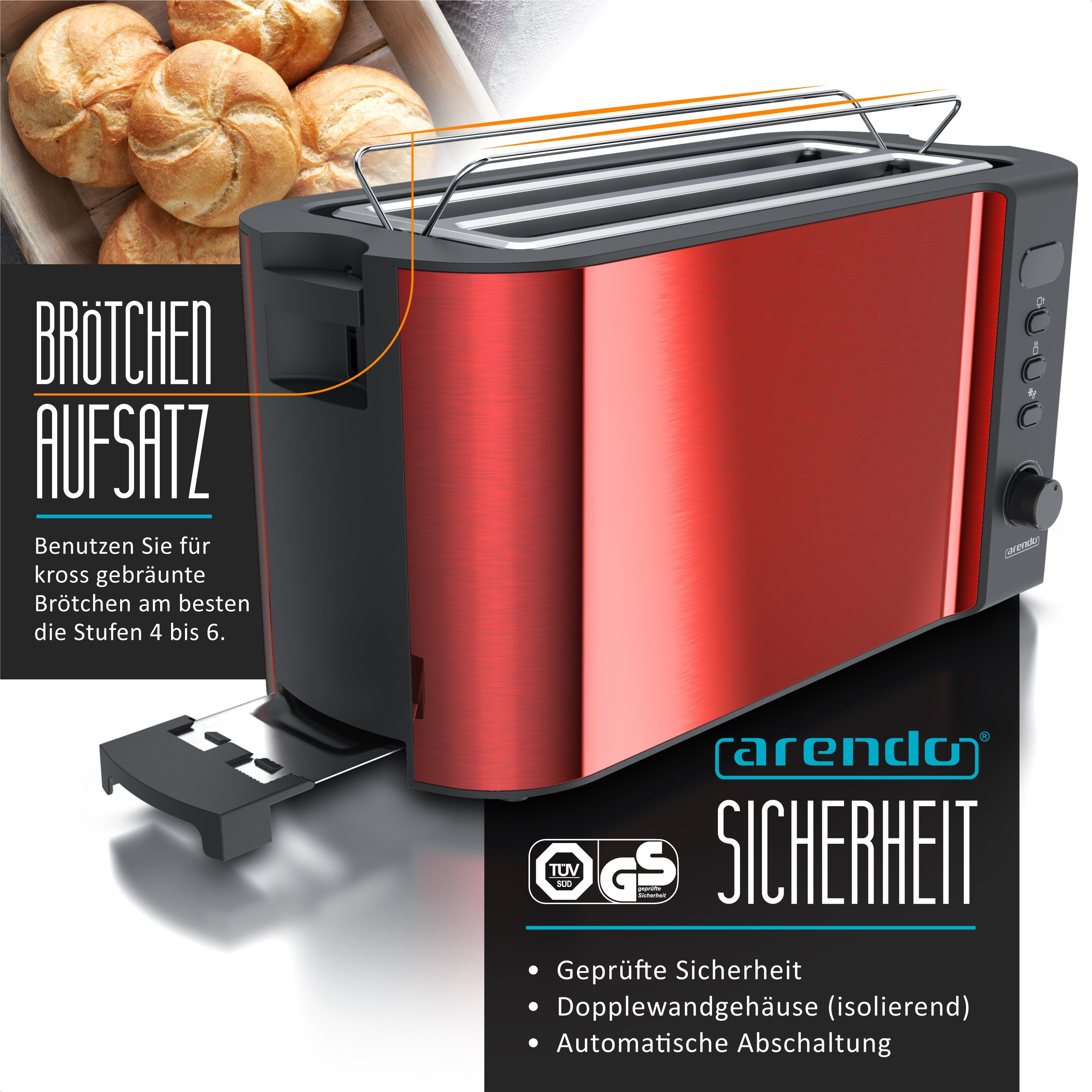 Toaster Langschlitz, Edelstahl, Display mit Restzeitanzeige, Brötchenaufsatz