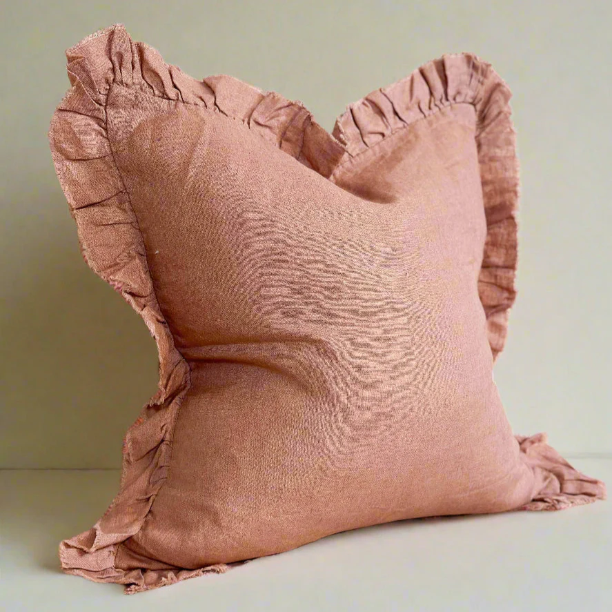 Dusty Pink Ruffled Linen Cushion with Feather Pad �C 45 x 45cm | 100% Stonewashed Linen