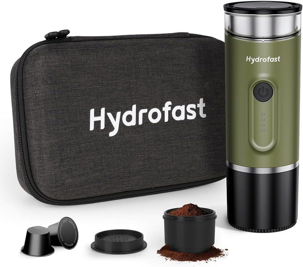 Hydrofast Kaffeemaschine, 20 bar, Schwarz/Silber, Tragbare Espressomaschine mit 7800mAh Akku, Ultraleichtes Design