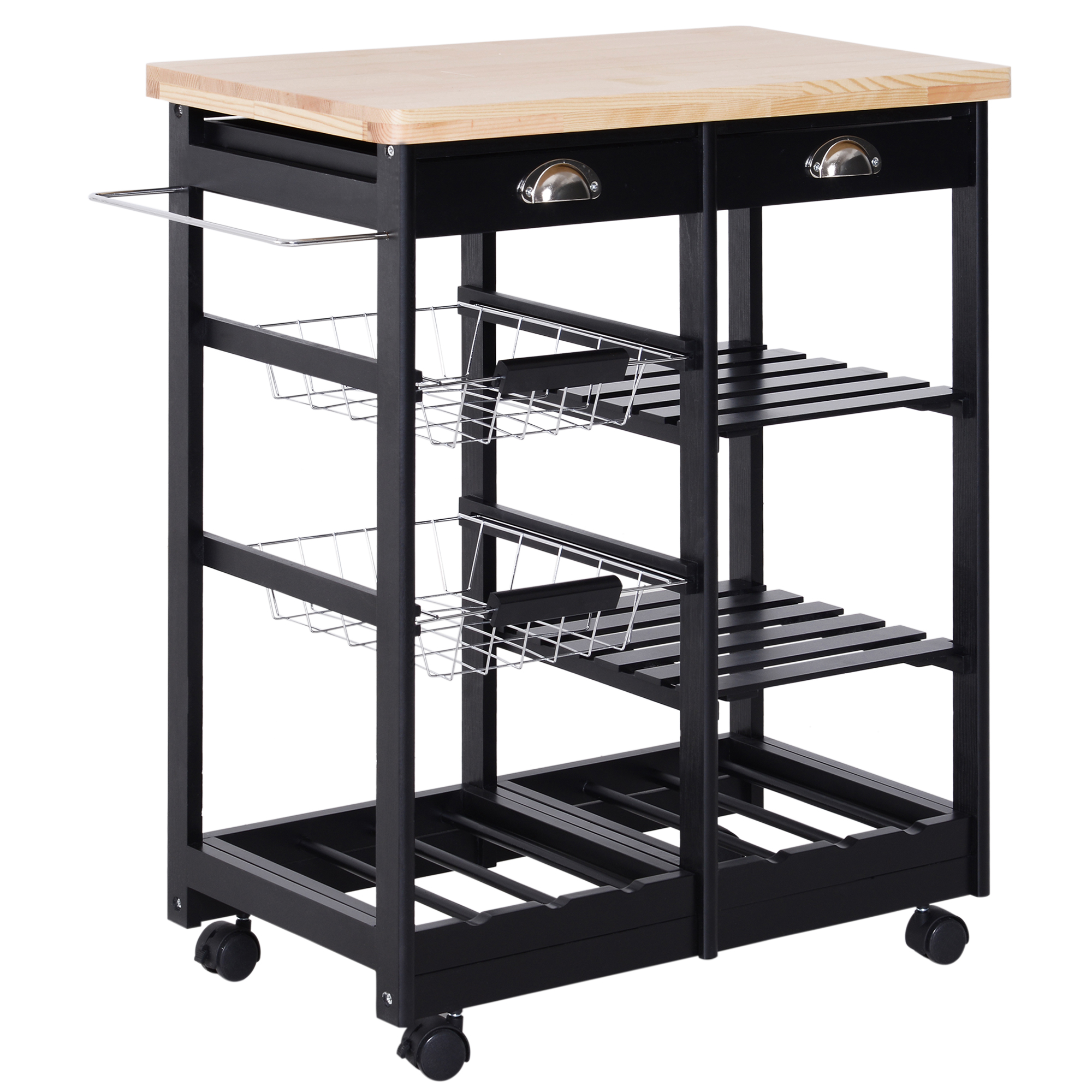 HOMCOM Küchenwagen Küchenrollwagen Servierwagen mit ausziehbarem Korb Schublade Weinablage Küchentrolley rollbar Holz schwarz 74 x 37 x 76 cm