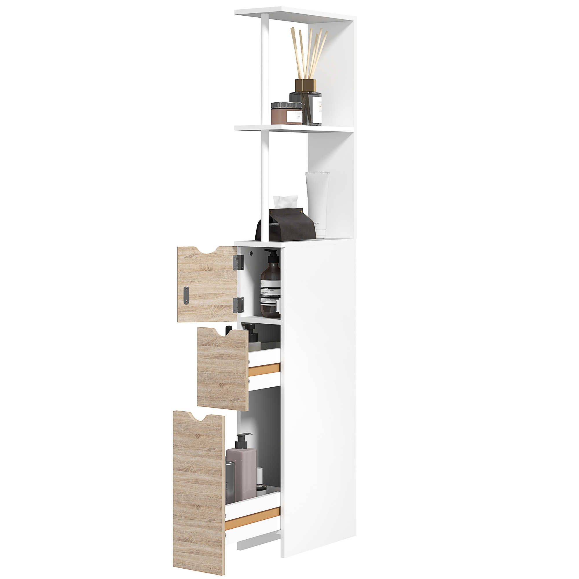 HOMCOM Badezimmerschrank platzsparend mit Schrank, Regalen und Schubladen, 15x33x136 cm, Farbe Holz