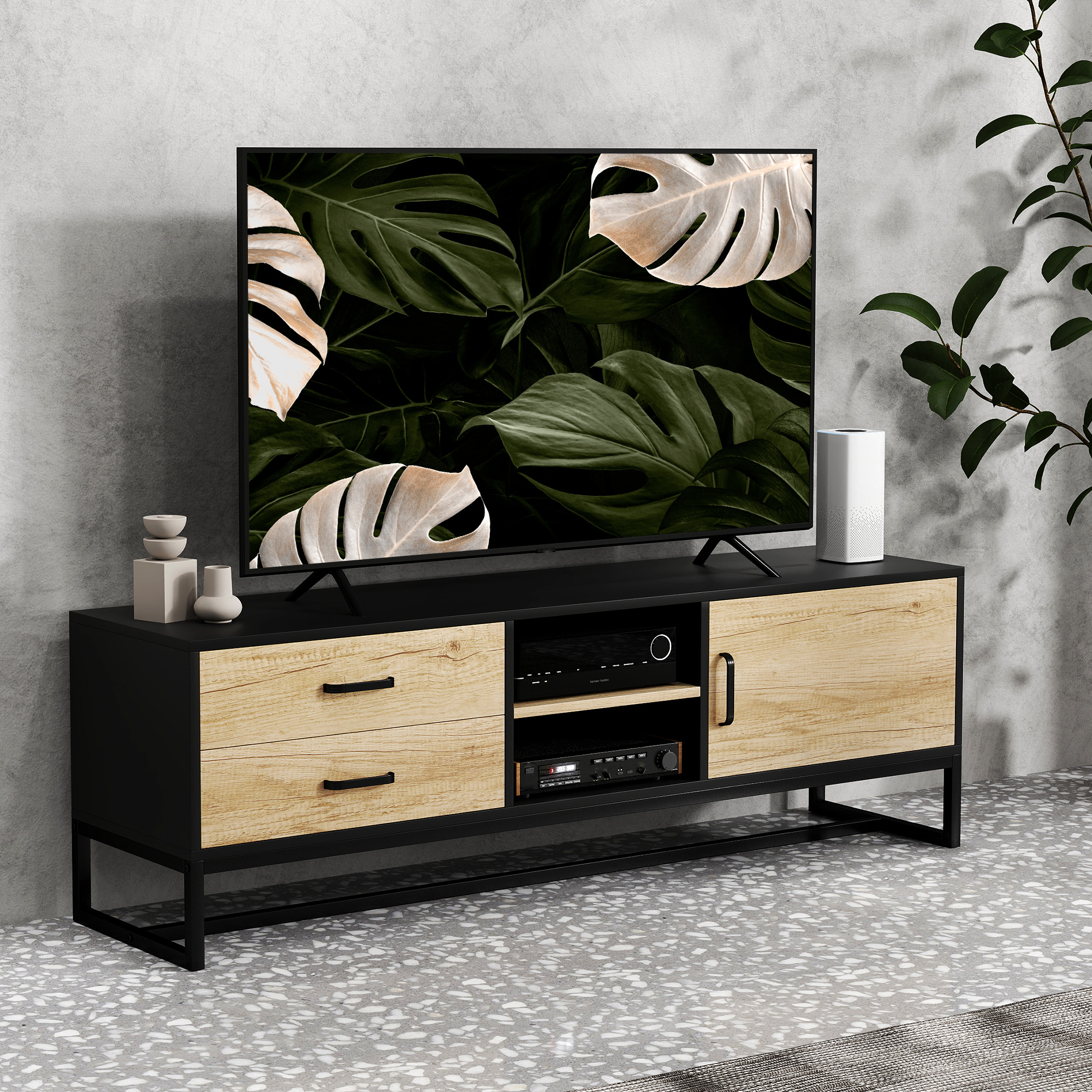 HOMCOM TV-Schrank für Fernseher bis zu 60 Zoll, TV-Möbel mit Schrank offenen Fächern, 2 Schubladen, Naturholz