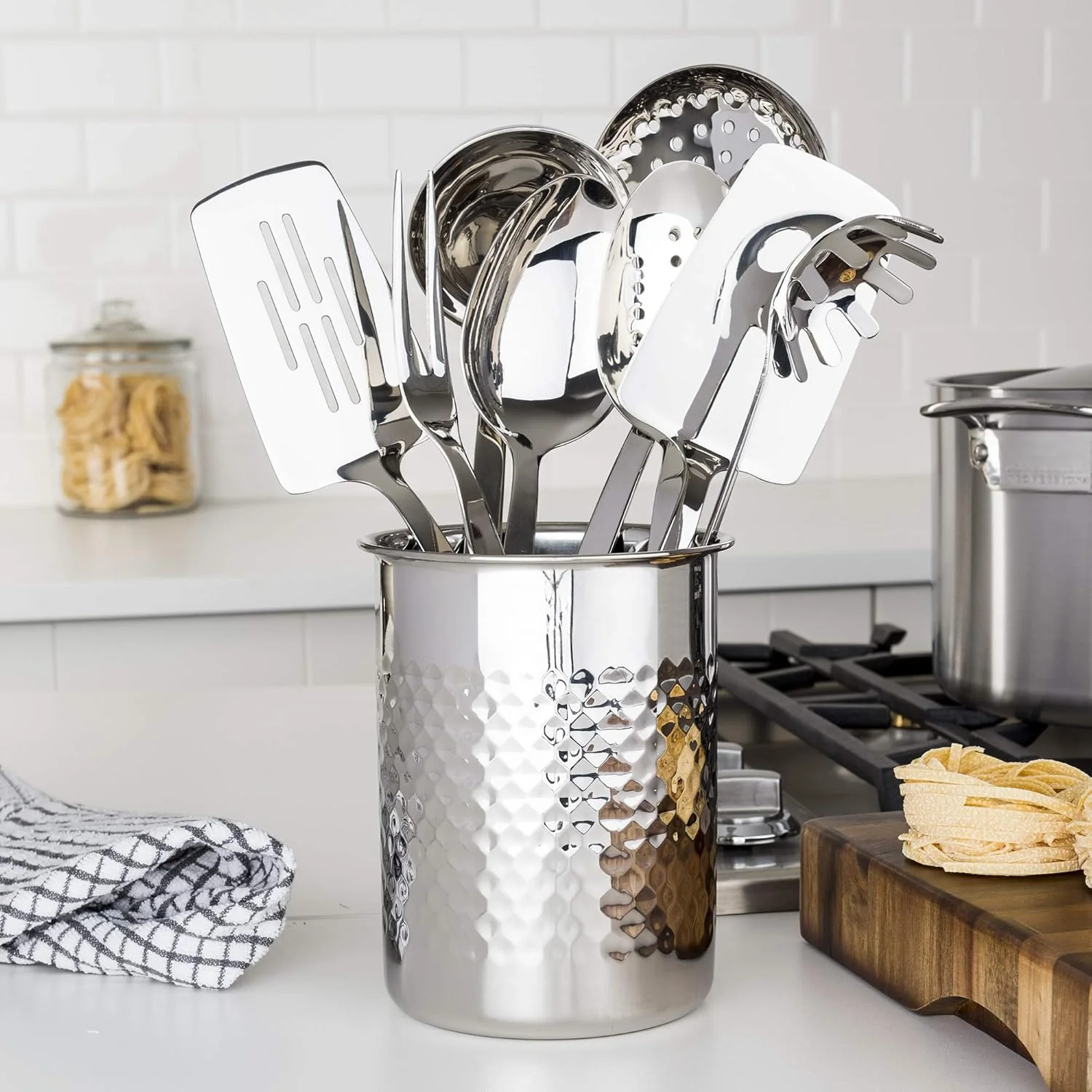 Kitchen Utensils Set, 8 Piece Stainless Steel Cooking Utensil Set, Includes Spatulas, Spoons, Pasta Fork, Deep Ladle, Meat Fork, and Skimmer, Silver