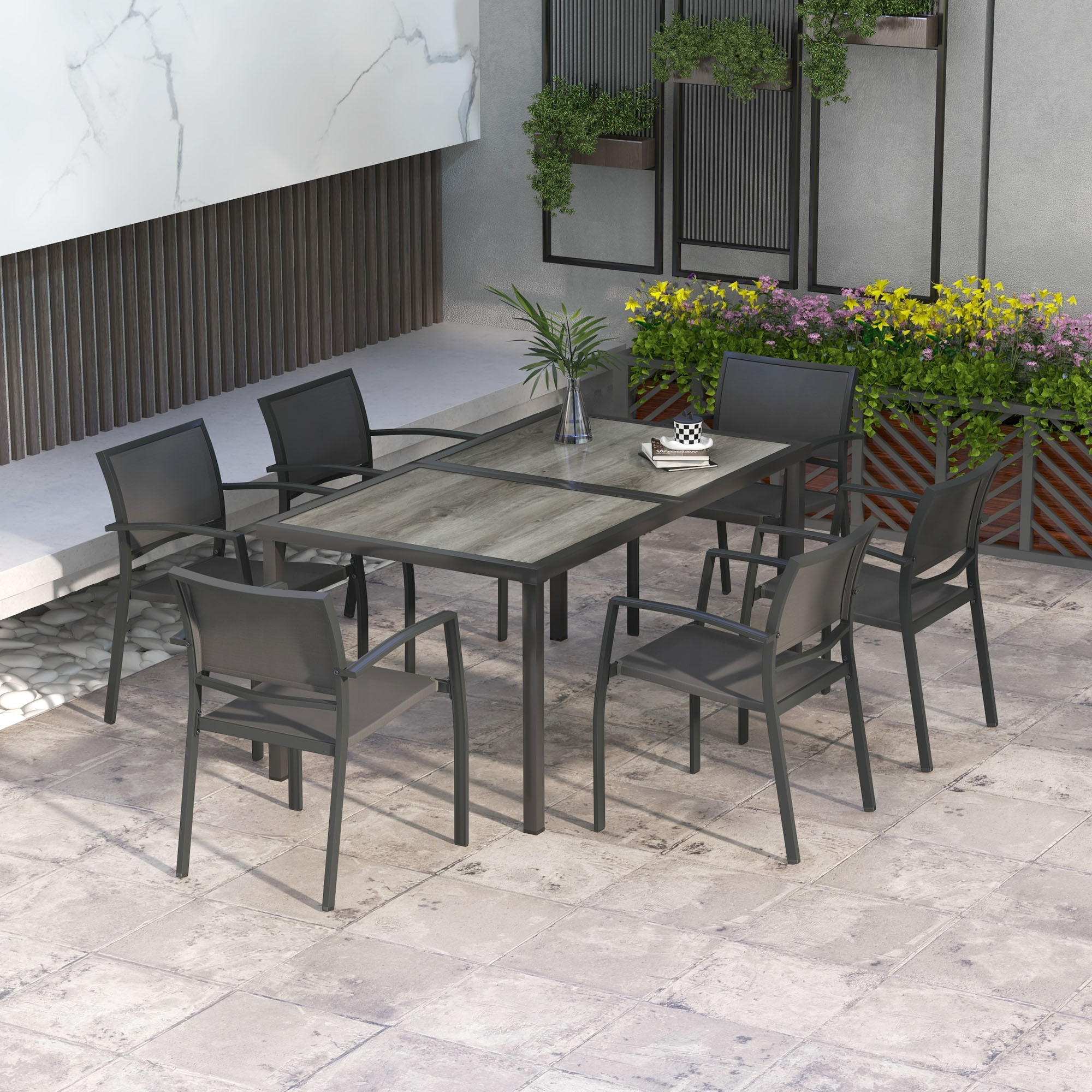 Outsunny Gartenmöbel-Set aus Stahl, 7-teilig mit 1 Tisch und 6 stapelbaren Stühlen aus Epoxid-Metallgewebe in Grau