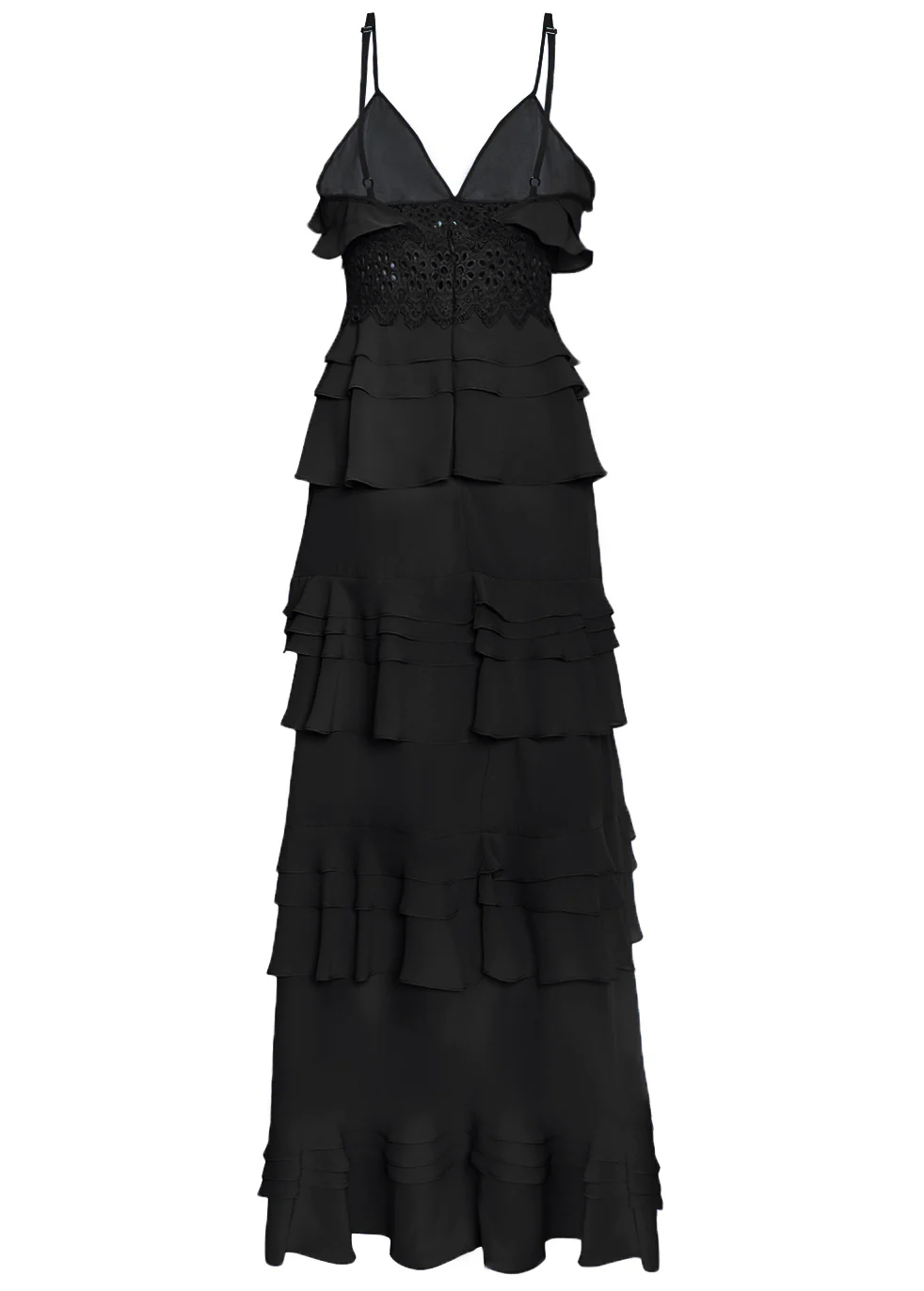 Sophia Black Plunge Front Tiered Ruffle Maxi-Dress