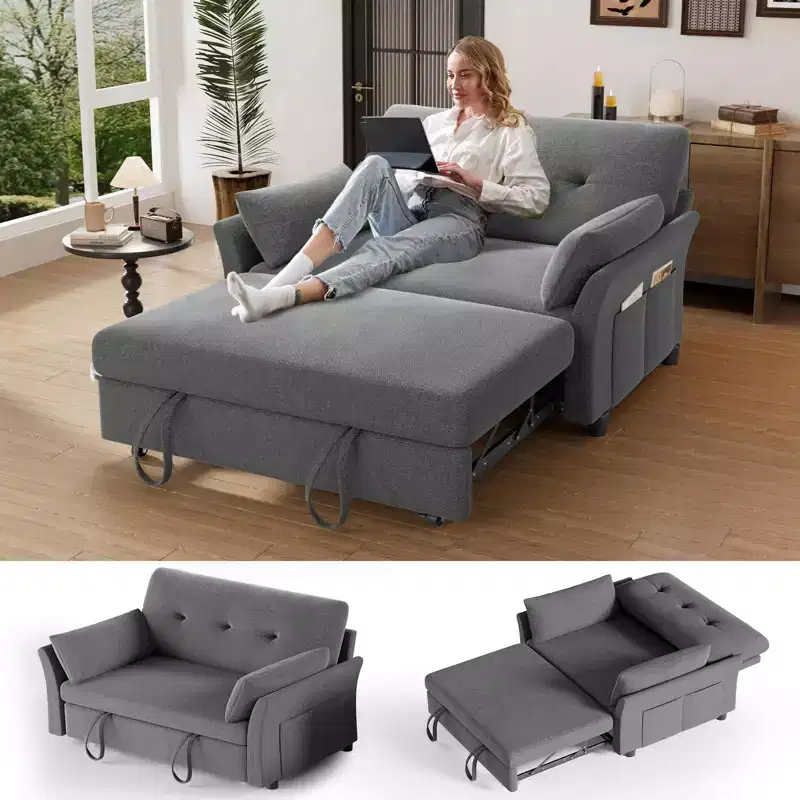 Chenille Sleeper Sofa Bed, Convertible Couch with Pull-Out Bed for Living Room