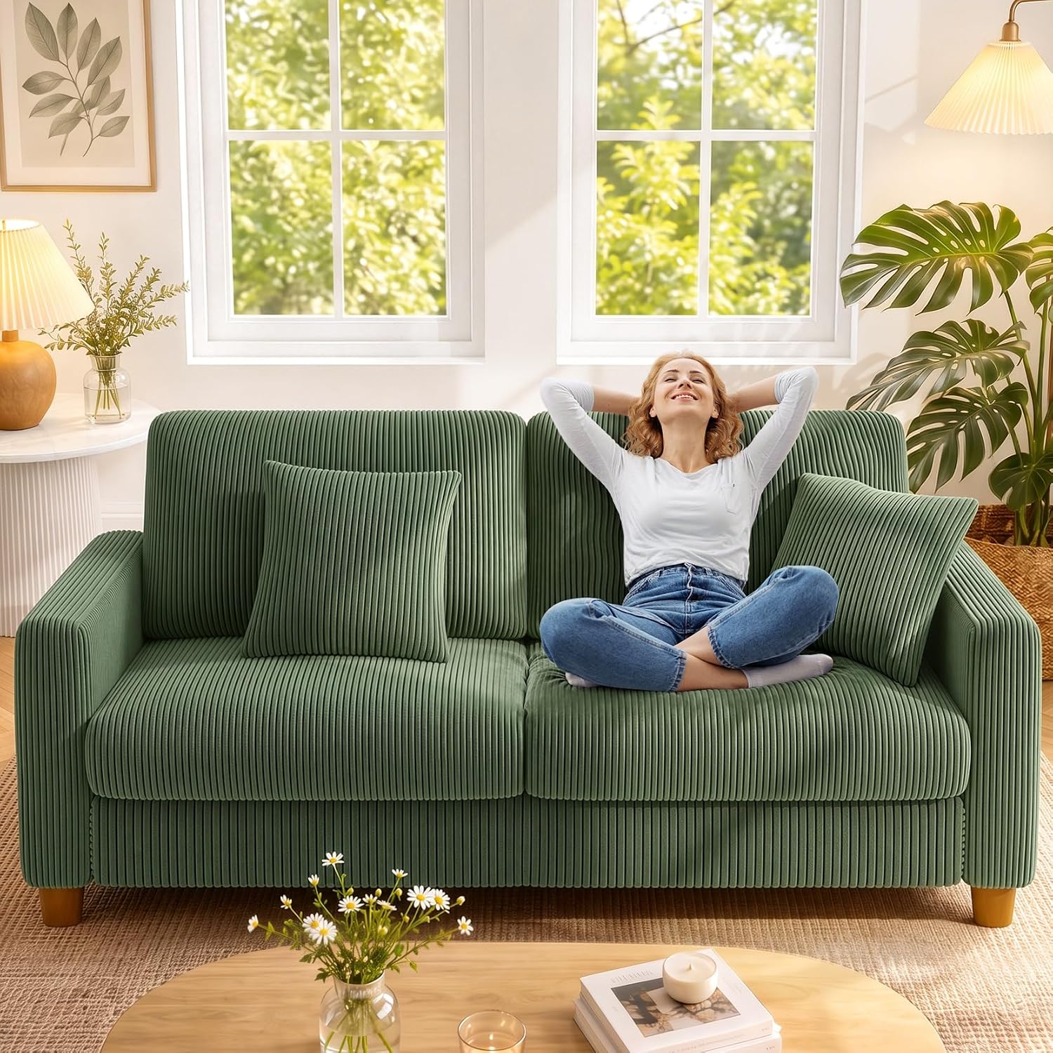 Kidirect Cord Sofa 3 Sitzer, 178CM Bequemes Couch 3 Sitzer, Sofa Wohnzimmer