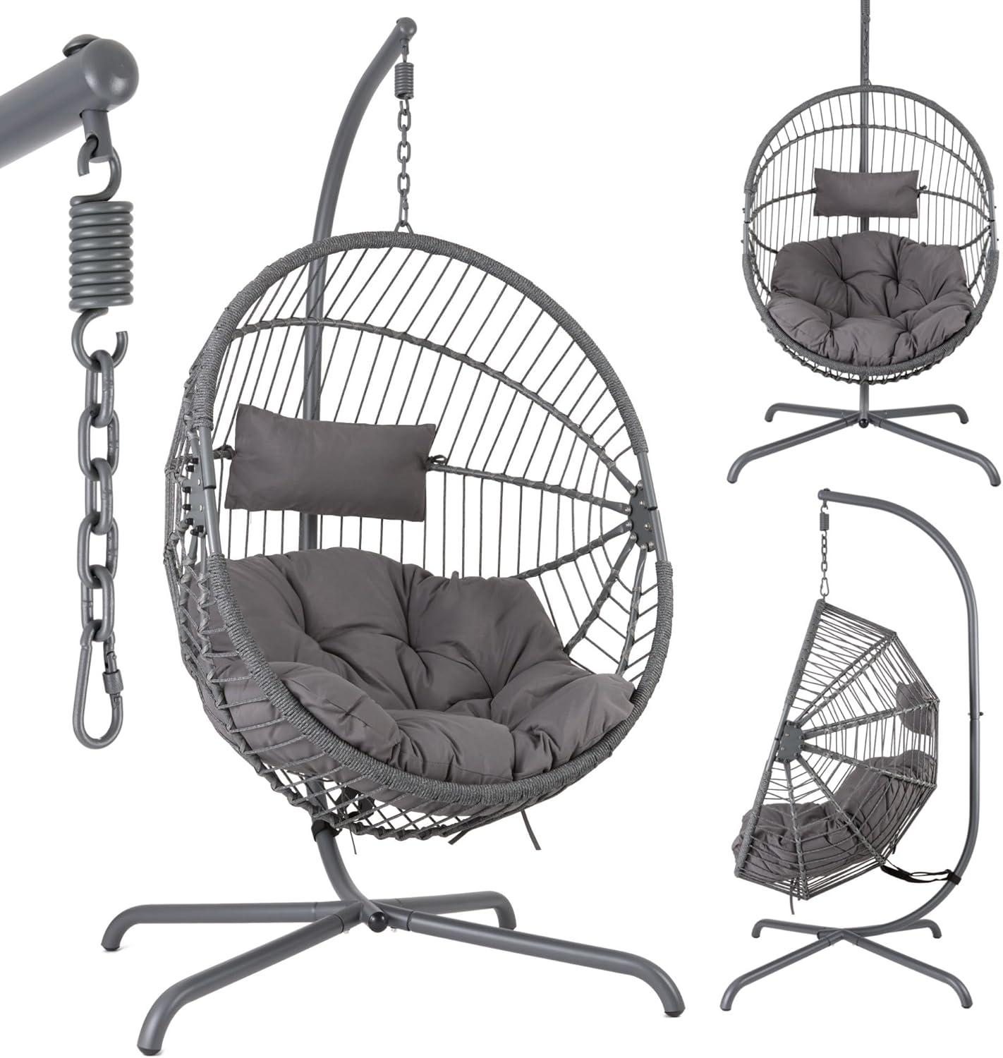 Arebos Poltrona Sospesa con Telaio | Poltrona a Uovo da Giardino e Balcone | Altezza Regolabile 160–180 cm | Telaio in Acciaio fino a 130 kg | con Cuscini Seduta e Schienale