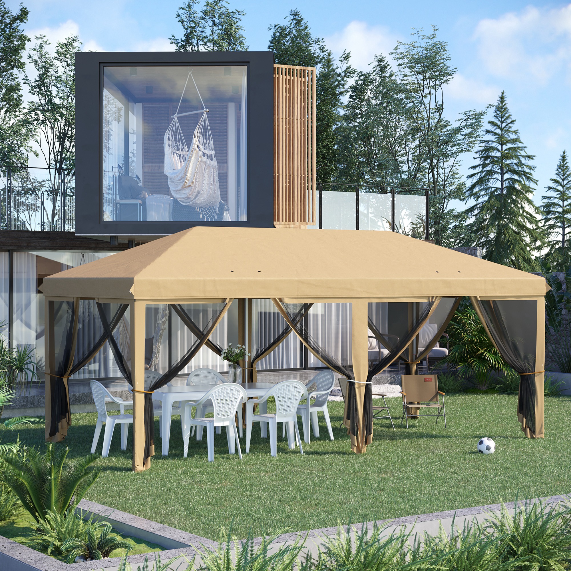Outsunny Pavillon Faltpavillon 6 x 3 m Pop-up Abnehmbare Moskitonetze + Transporttasche Beige Schwarz