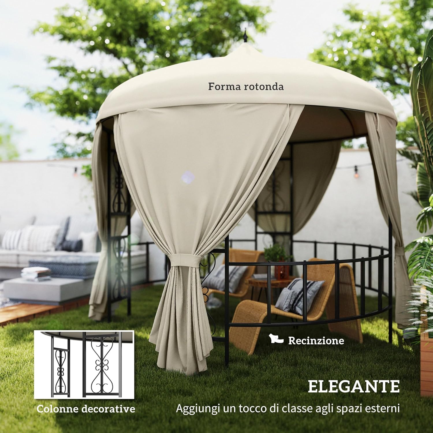 Outsunny Round Garden Gazebo Diameter 3 m, Outdoor Gazebo with Curtains and Air Vents in Metal and Polyester, Beige