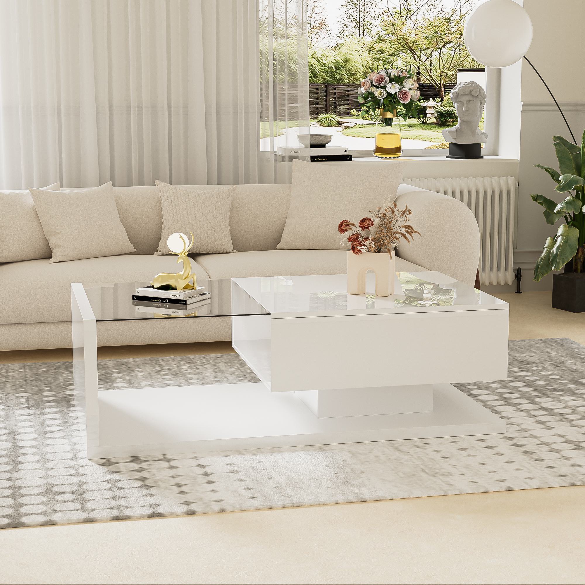 Couchtisch Hochglanz-Weiß mit Glasplatte und LED-Beleuchtung, Modernes Design und Praktische Ablagefächer, weiß