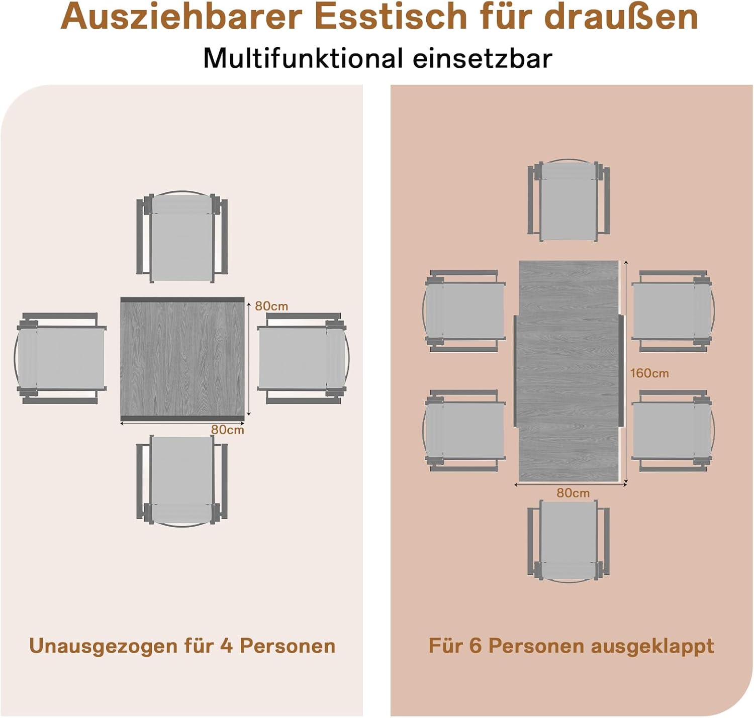 Devoko Extendable Aluminium Garden Table – Weather Resistant, 130 – 260 x 80 x 75 cm, UV Protection and Easy to Clean, for 4 – 6 People for Patio/Garden, Dark Grey