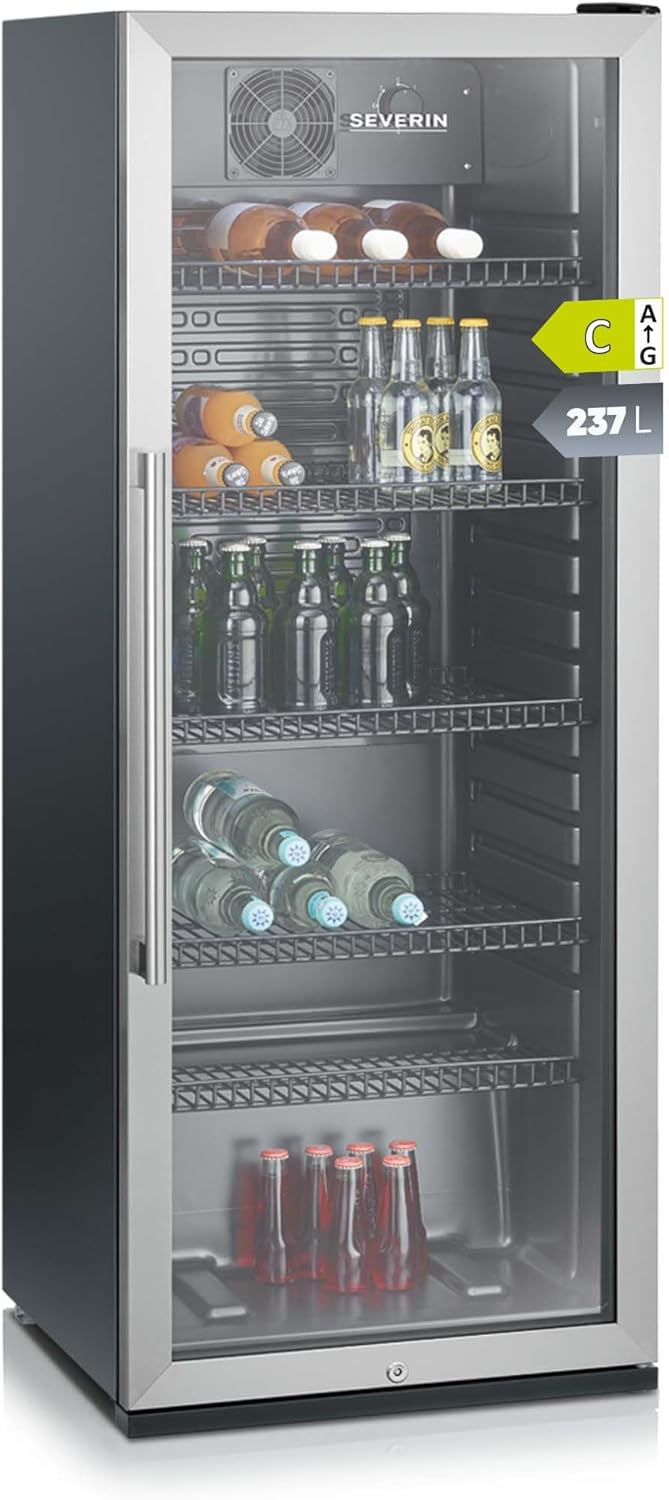 SEVERIN Flaschenkühlschrank, mit integriertem Schloss und integrierter LED-Beleuchtung, 118 L Nutzinhalt, schwarz/silber, FSK 8840