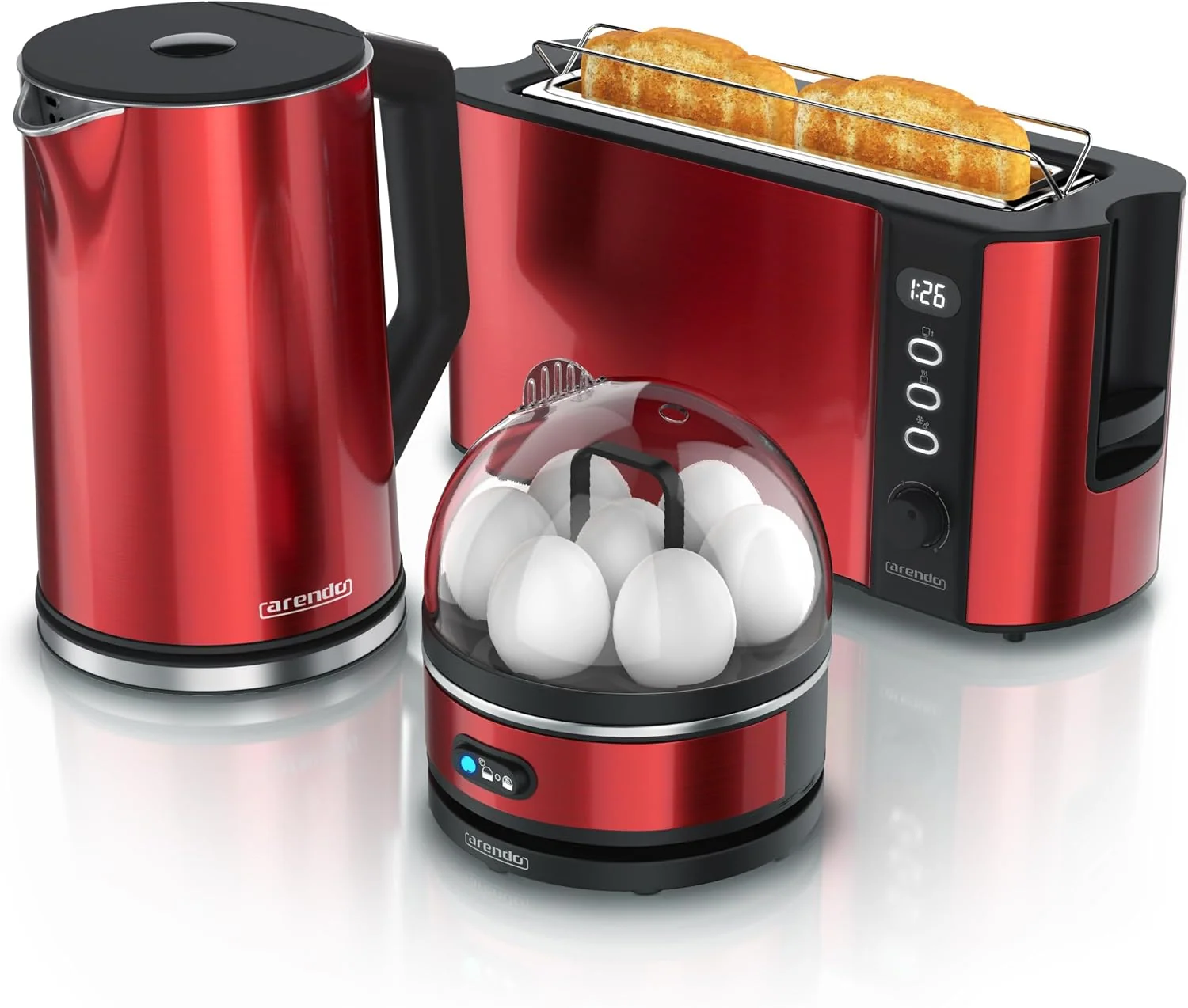 Arendo, Edelstahl Wasserkocher mit Temperatureinstellung, Wasserkocher Toaster Eierkocher Set, Toaster 2 Scheiben Langschlitz, Eierkocher 1-7 Eier
