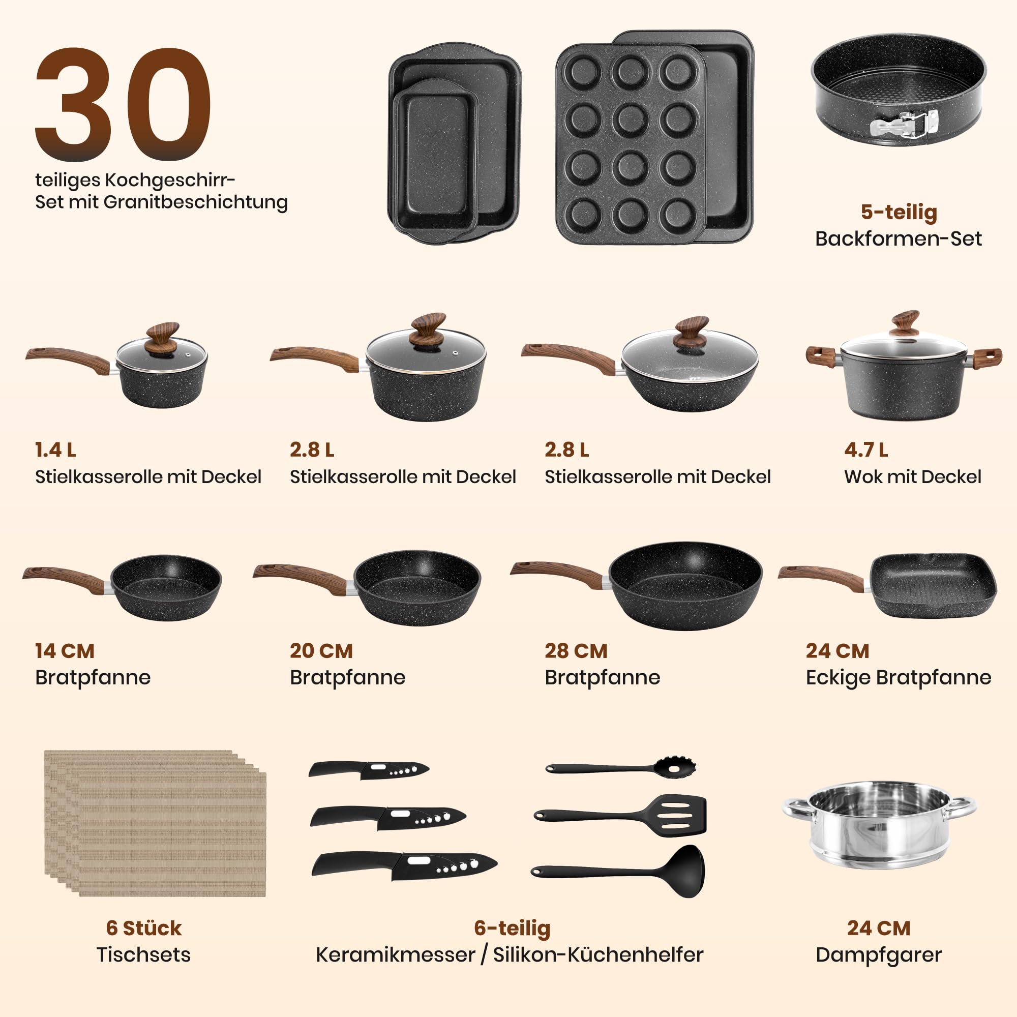 30-teiliges Topfset mit Granit-Antihaftbeschichtung, induktionsgeeignet, inklusive Pfannen, Töpfen, Backformen und Küchenhelfern