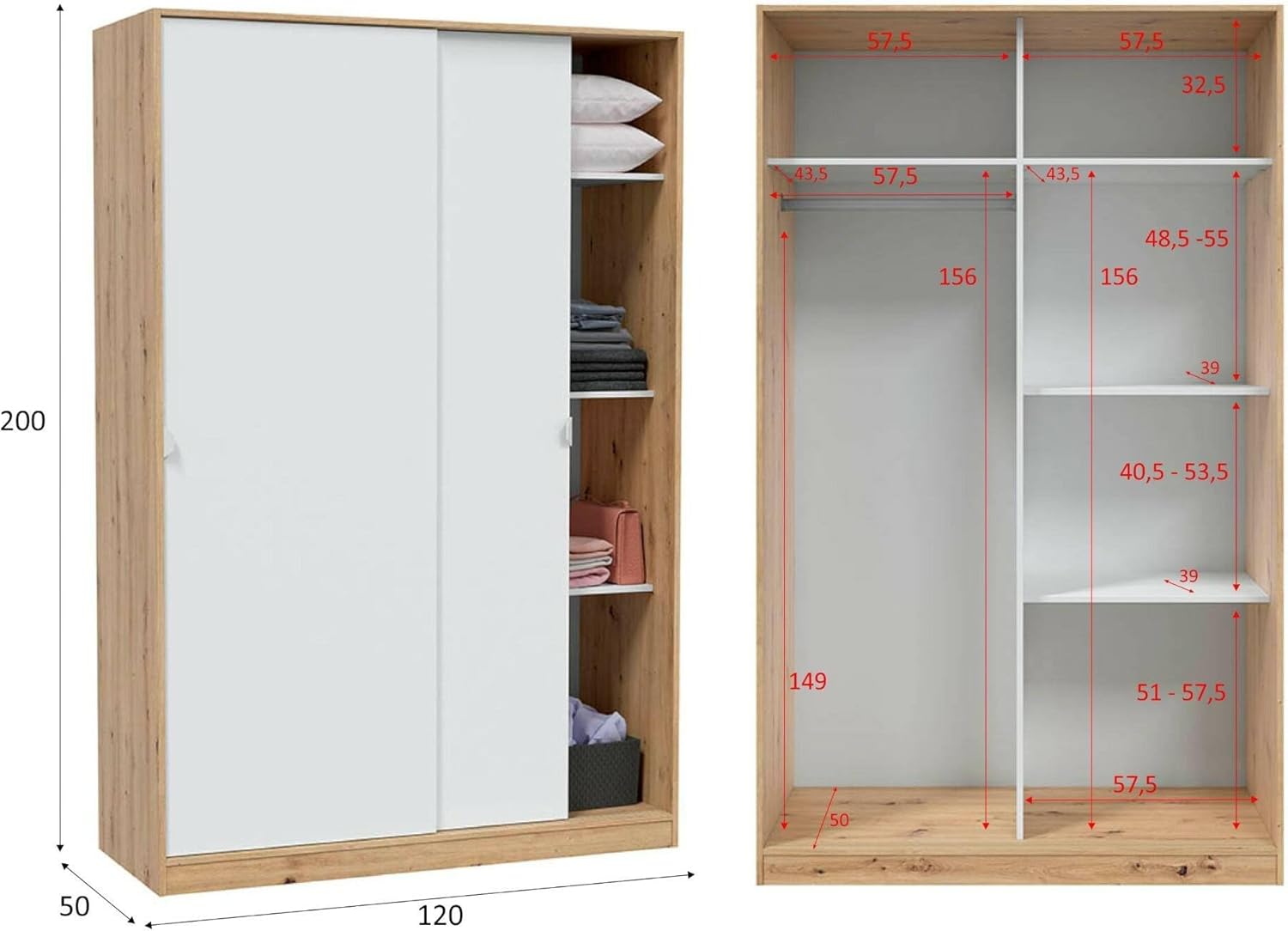 Dmora - Waterbury 2 Door Wardrobe, Bedroom Wardrobe with 4 Shelves and Hanging Rail 120 x 50 x 200 cm, Oak and White