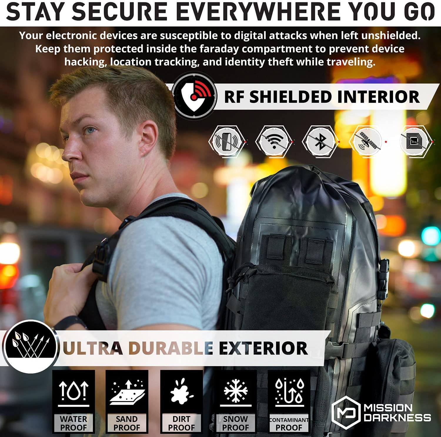 Mission Darkness Dry Shield Faraday Rucksack 40 Liter Fassungsvermögen // Wasserdichte taktische Tasche mit abnehmbaren MOLLE-Taschen, signalblockierendem Anti-Hacking-EMP-Schild für Elektronik