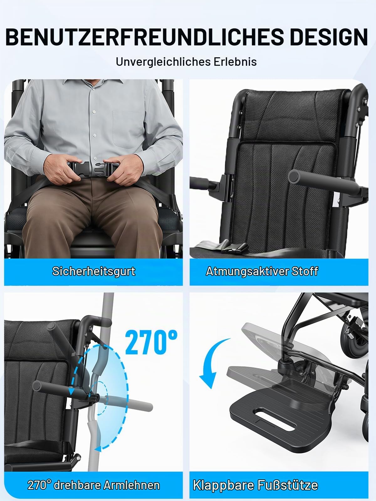 Faltbarer Ultraleicht Rollstuhl ca. 9 kg mit Teleskopgriff, All-Terrain-Räder, Sicherheitsgurt und Aufbewahrungstasche