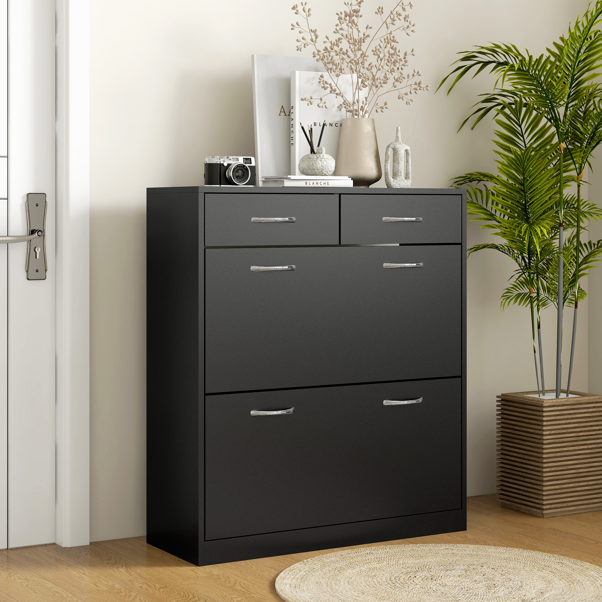 HOMCOM Schuhkommode für 12 Paar mit 2 Verstellbaren Innenregalen und 2 Schubladen, aus Holz, 80x30x91,5 cm, Schwarz