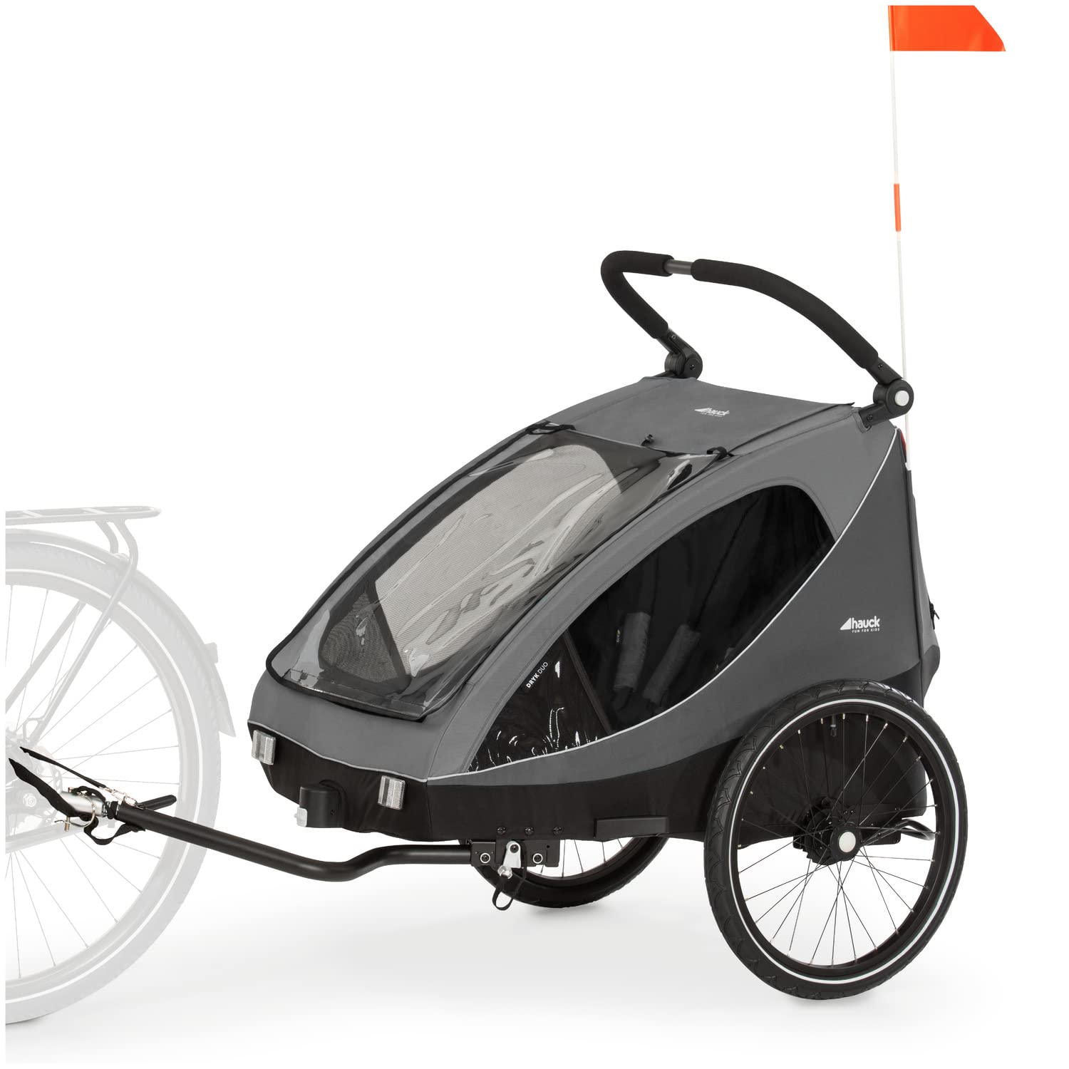 hauck Fahrradanhänger & Kinderwagen Dryk Duo Plus mit Federung, für 2 Kinder (6-48 Monate), inkl. Deichsel, Buggyrad, Fahne und LED Licht, Faltbar, Höhenverstellbar, XL Kofferaum (Dark Green)