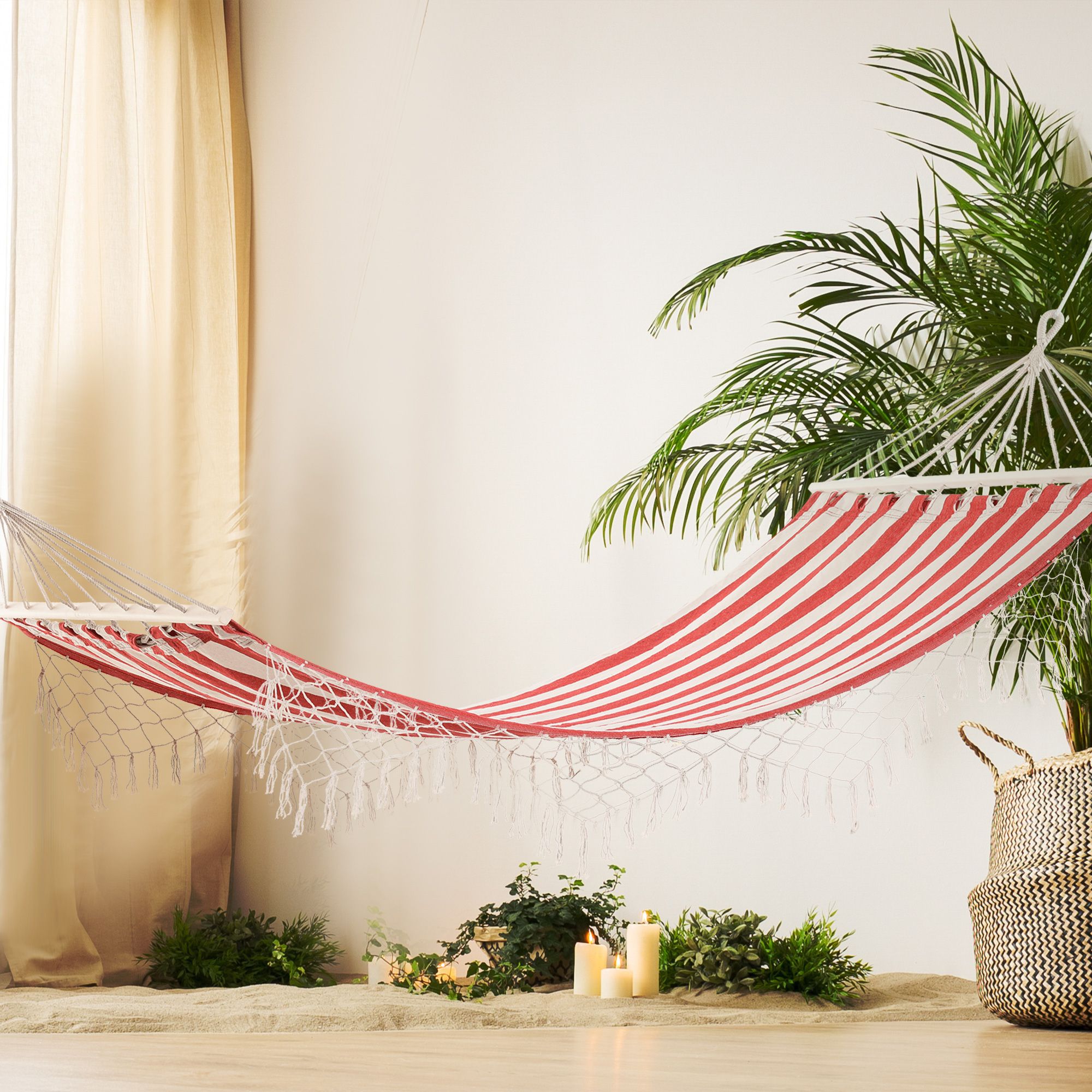 Outsunny Reisehängematte im Hippie Chic Stil Hängematte Maße 2L x 1B m Baumwolle Polyester Rot Creme gestreift