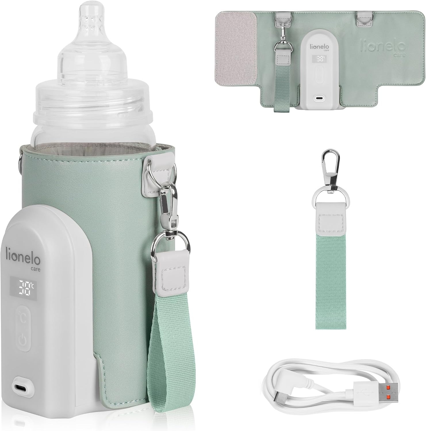 LIONELO Thermup Go Evo Scaldalatte Portatile per biberon per Neonati, Mantiene Liquidi caldi, 5 Temperature operative da 38 a 50°C Ricarica USB-C, Fino a 9 Ore di Funzionamento (Salvia Verde, EVO)