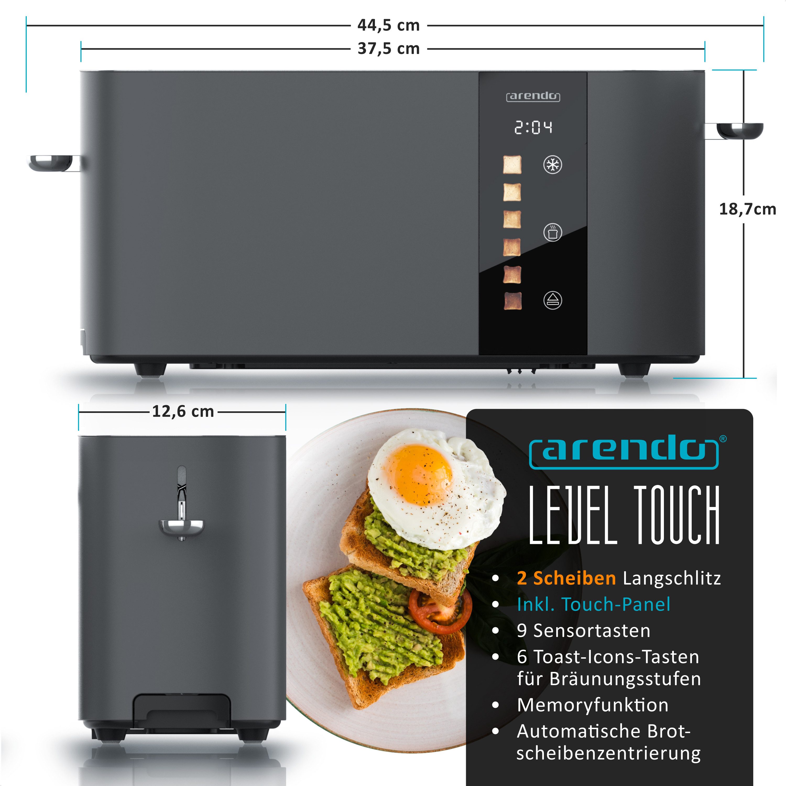 Toaster Edelstahl, Langschlitz, Touch Display, Restzeit & Bräunungsgradanzeige