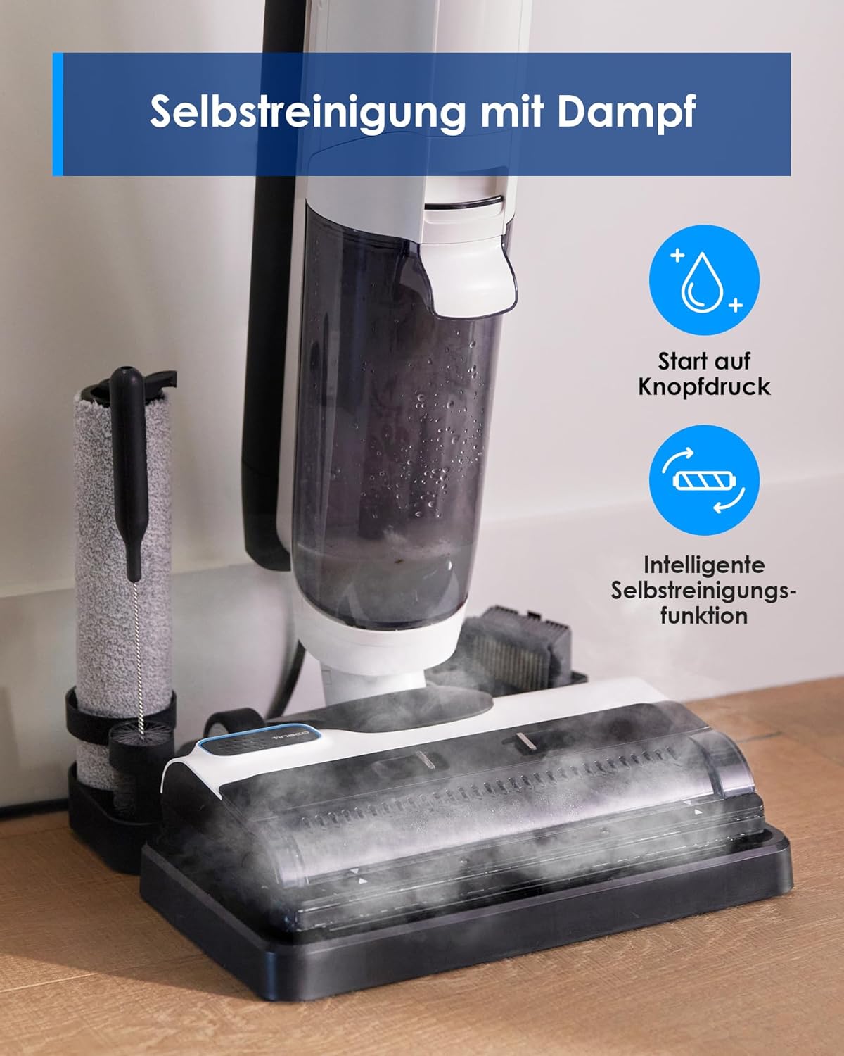 Tineco iFLOOR 5 Steam Nass Trockensauger, 120℃ Hochtemperatur-Dampf, Dampfreiniger mit Kabel, Selbstreinigung Nasssauger, Hartholz bodenreiniger für klebrige Verschmutzungen, Essensreste