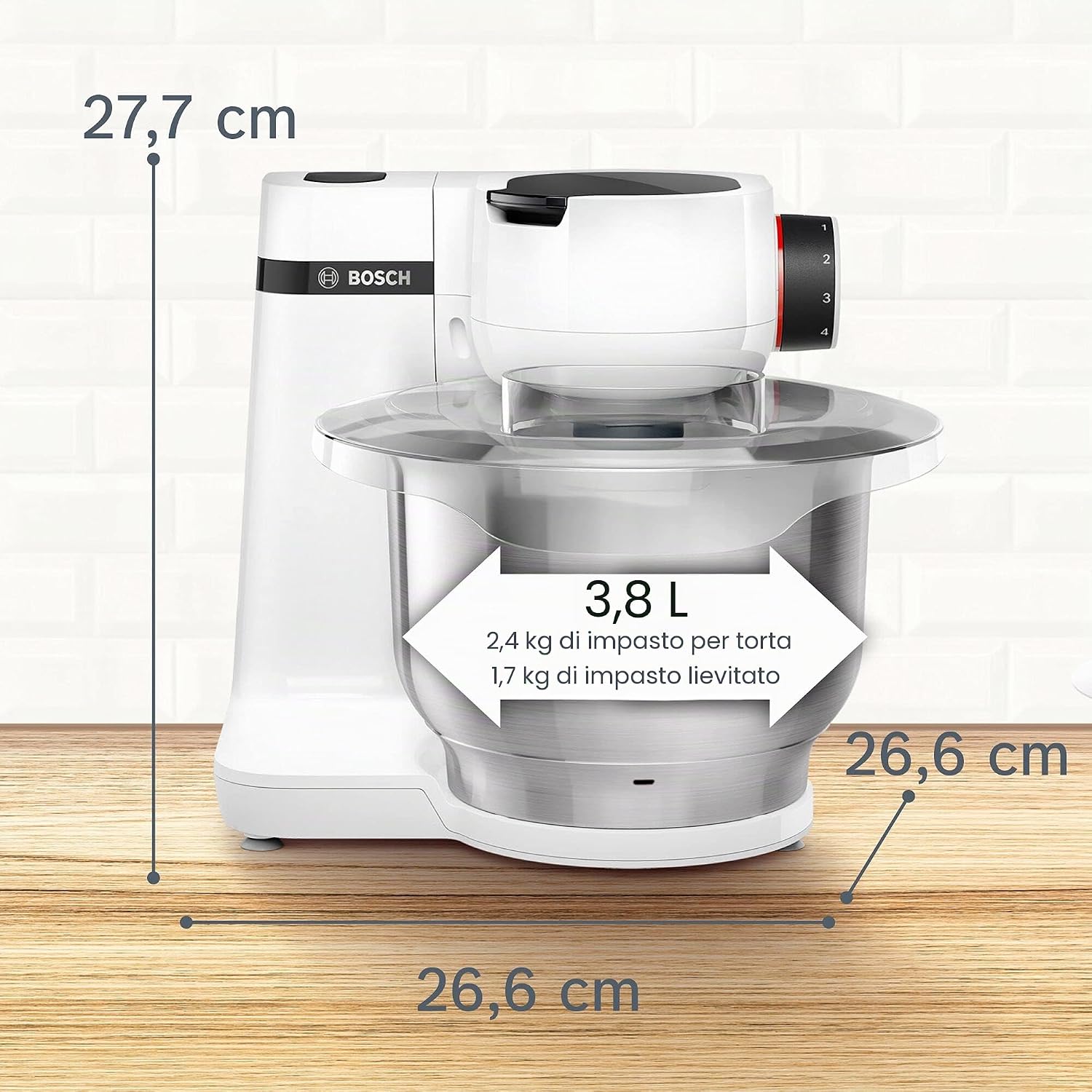 Bosch MUMS2EW00 Impastatrice, 700 W Ciotola da 3.8L in Acciaio Inox, Bianco