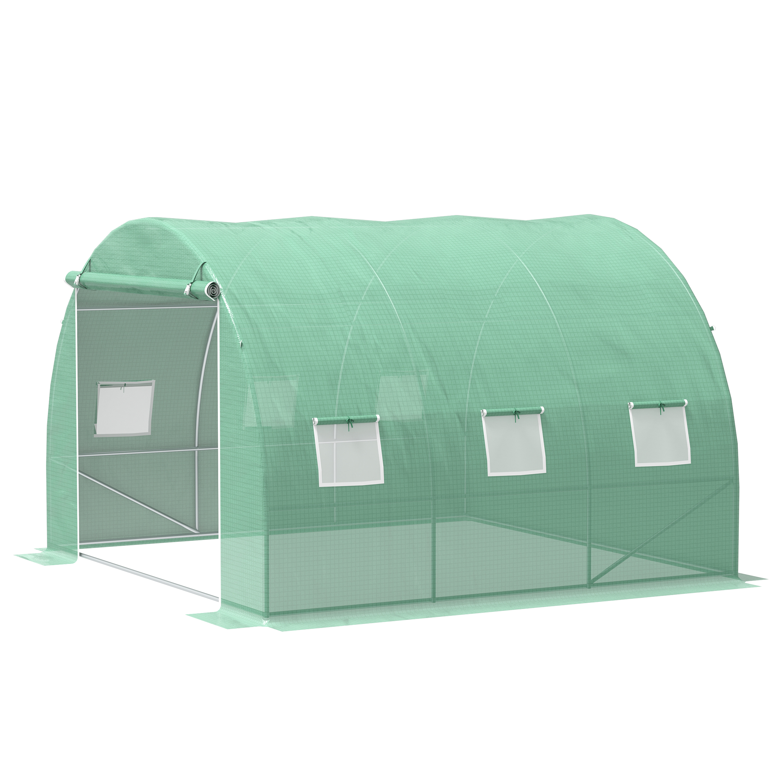 Outsunny Garten-Gewächshaus 9 m² Tunnelgewächshaus 3 x 3 x 2 m mit aufrollbarer Tür und 6 Gitterfenstern aus Stahl PE Grün