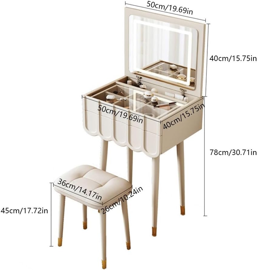 Elegante set da trucco in legno bianco con specchio ribaltabile e sgabello, scrivania salvaspazio e mobili per camera da letto, per trucco e prodotti di bellezza essenziali