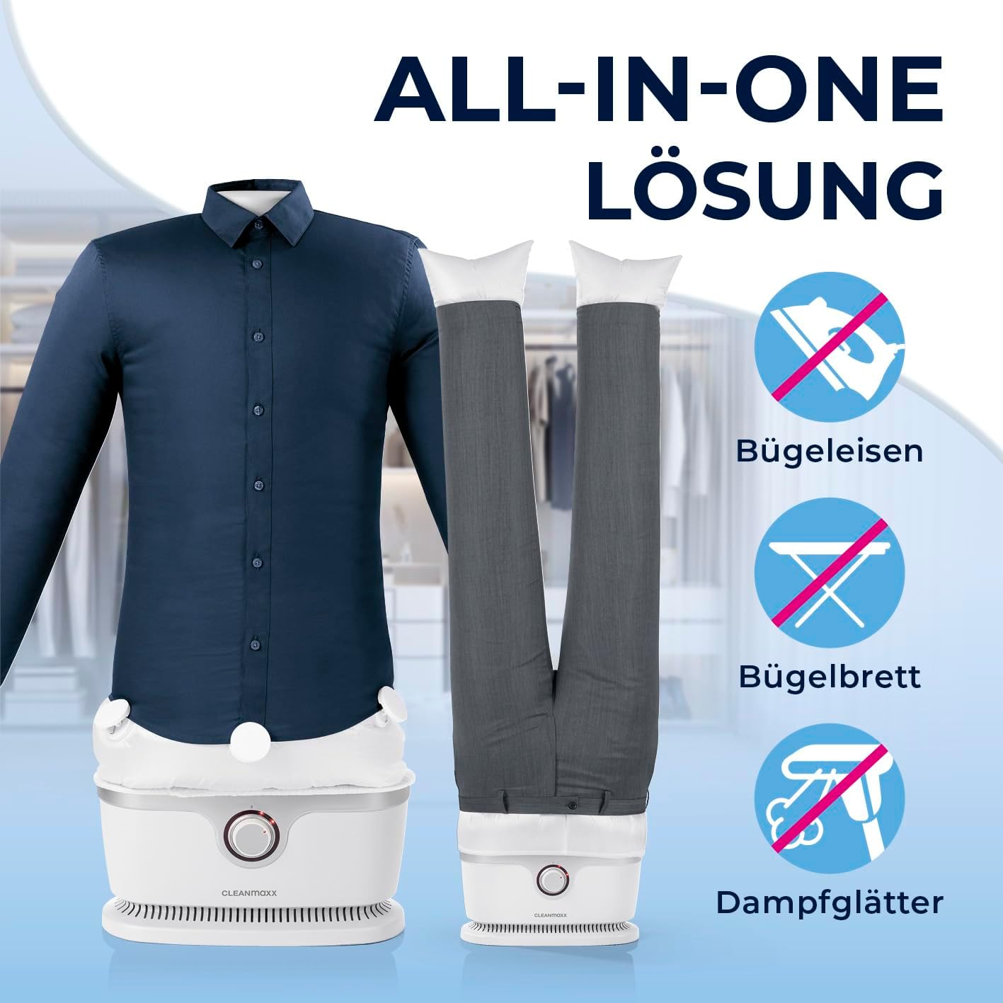 CLEANmaxx Automatischer Hemden-Bügler zum Trocknen und Gltten von Hemden & Blusen inklusive Aufsatz für Hosen | Die innovative und schonende Art, Ihre Wsche zu gltten