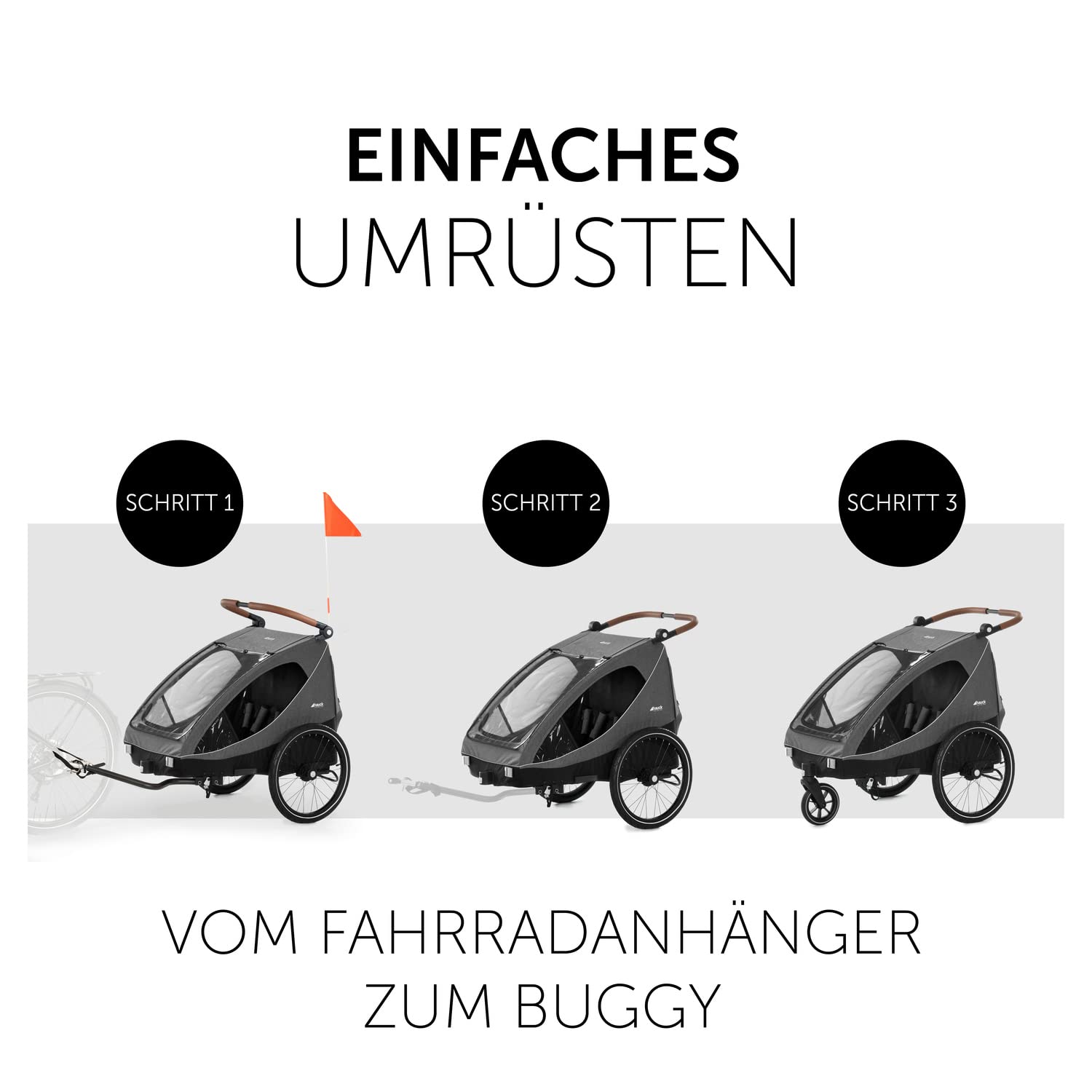 hauck Fahrradanhänger & Kinderwagen Dryk Duo Plus mit Federung, für 2 Kinder (6-48 Monate), inkl. Deichsel, Buggyrad, Fahne und LED Licht, Faltbar, Höhenverstellbar, XL Kofferaum (Dark Green)