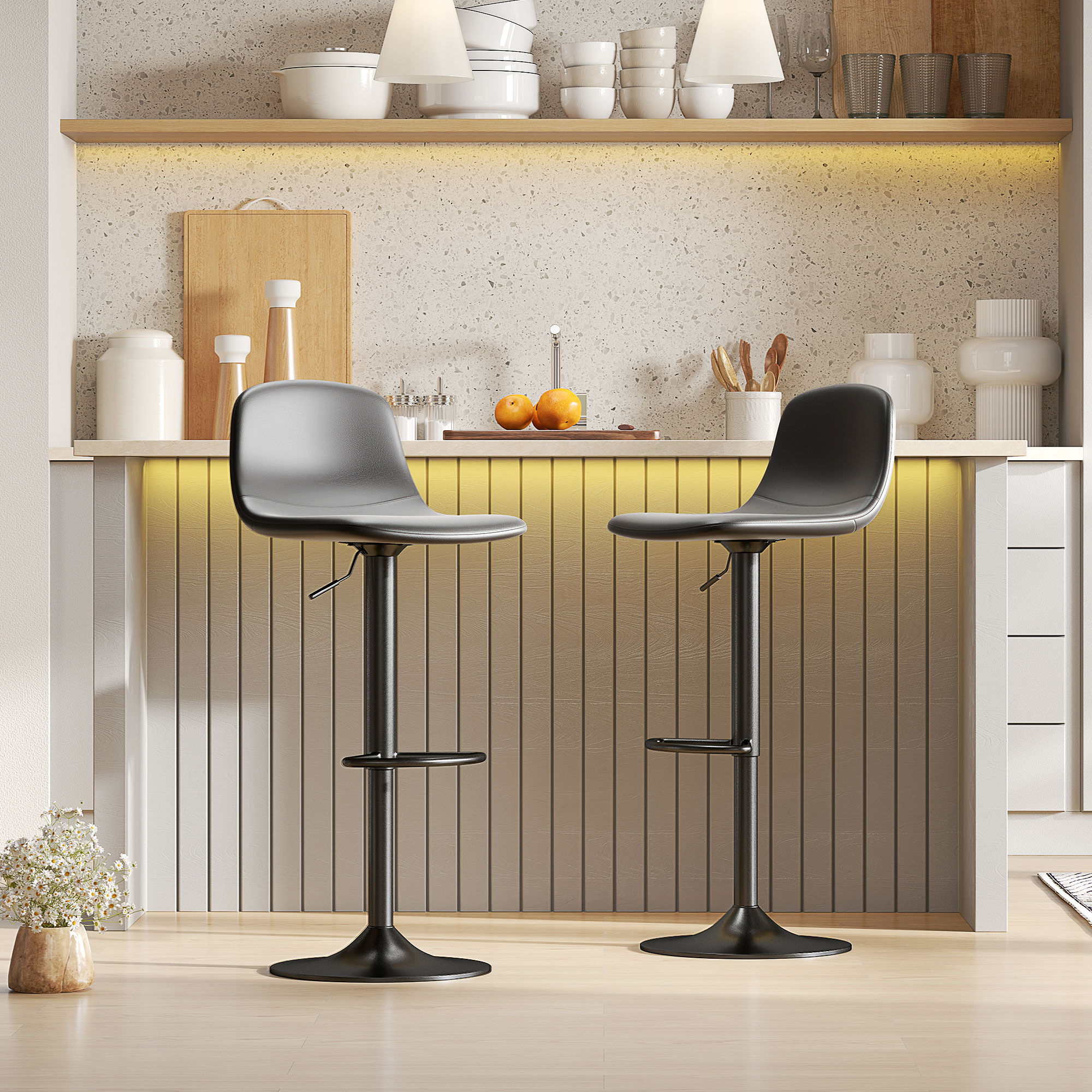 HOMCOM 2er-Set Barhocker, Barstühle mit Kunstlederbezug, drehbar, mit Rückenlehne und Fußstütze, Metallbasis, Schwarz
