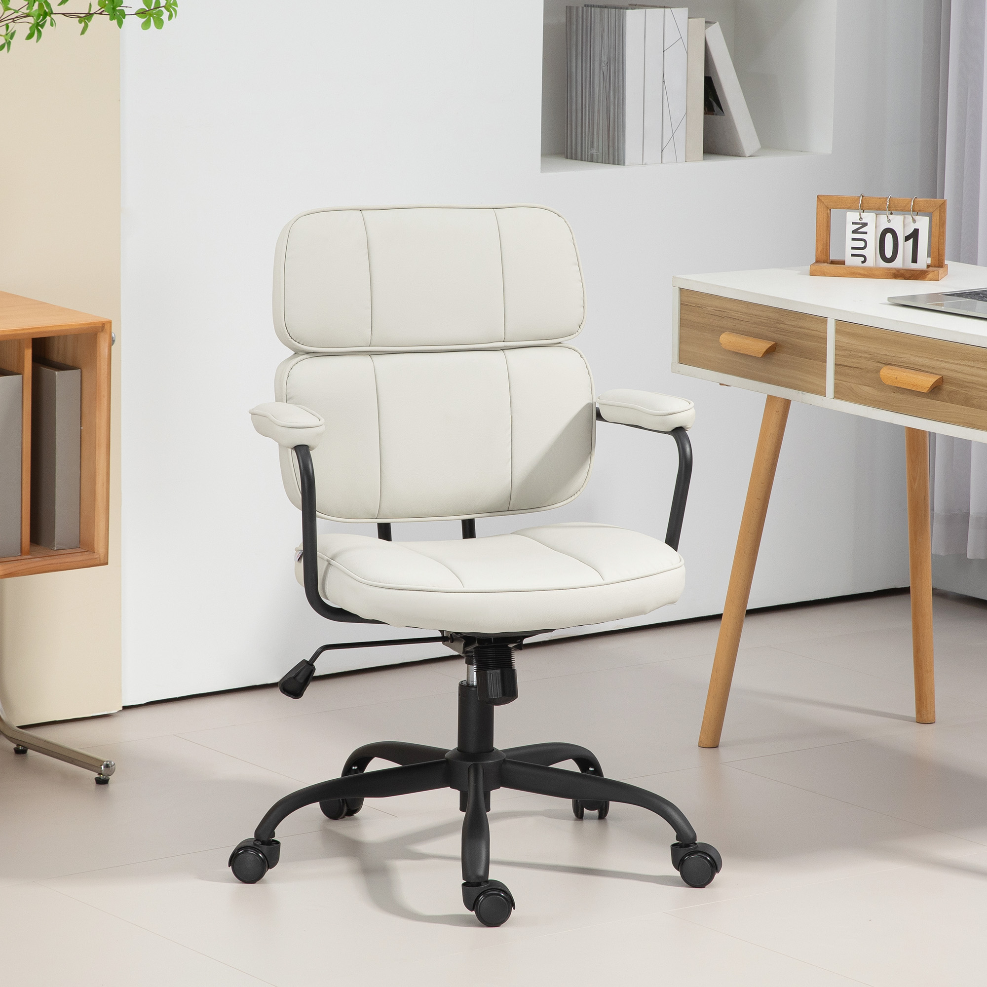 HOMCOM Bürostuhl mit Wippfunktion, höhenverstellbar und 360 ° drehbar, 60,5 x 59 x 89-97 cm, Cremeweiß