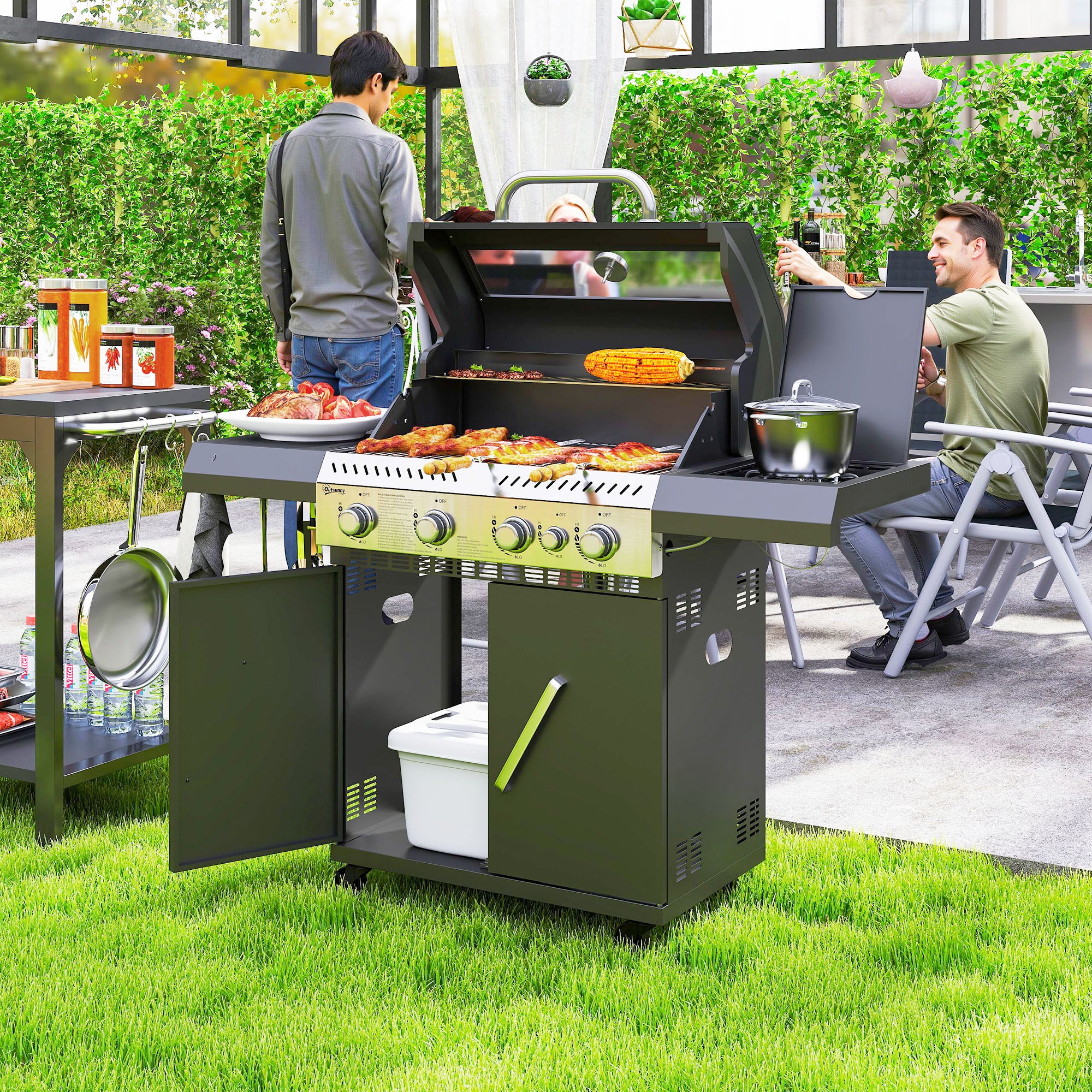 Outsunny Gasgrill 12 KW Grillwagen met 5 Branders, Zijkoker, Deksel, Thermometer, Zijplanken 135 x 54 x 110 cm