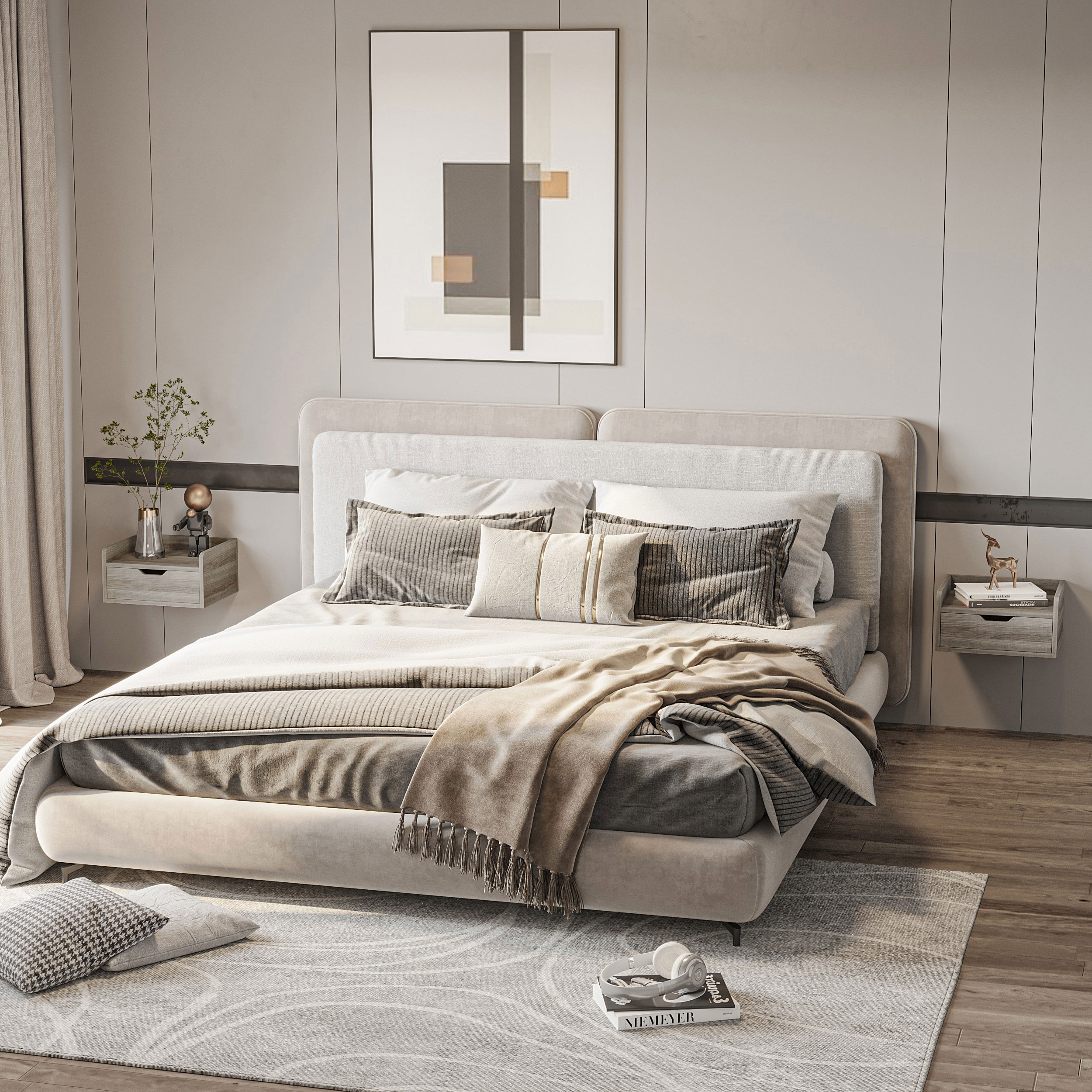 HOMCOM Set aus 2 wandmontierten Nachttischen, hängende Nachttische, ausziehbare Schublade, Tischplatte in Holzoptik, Maße 40L x 30B x 19,5H cm - Grau