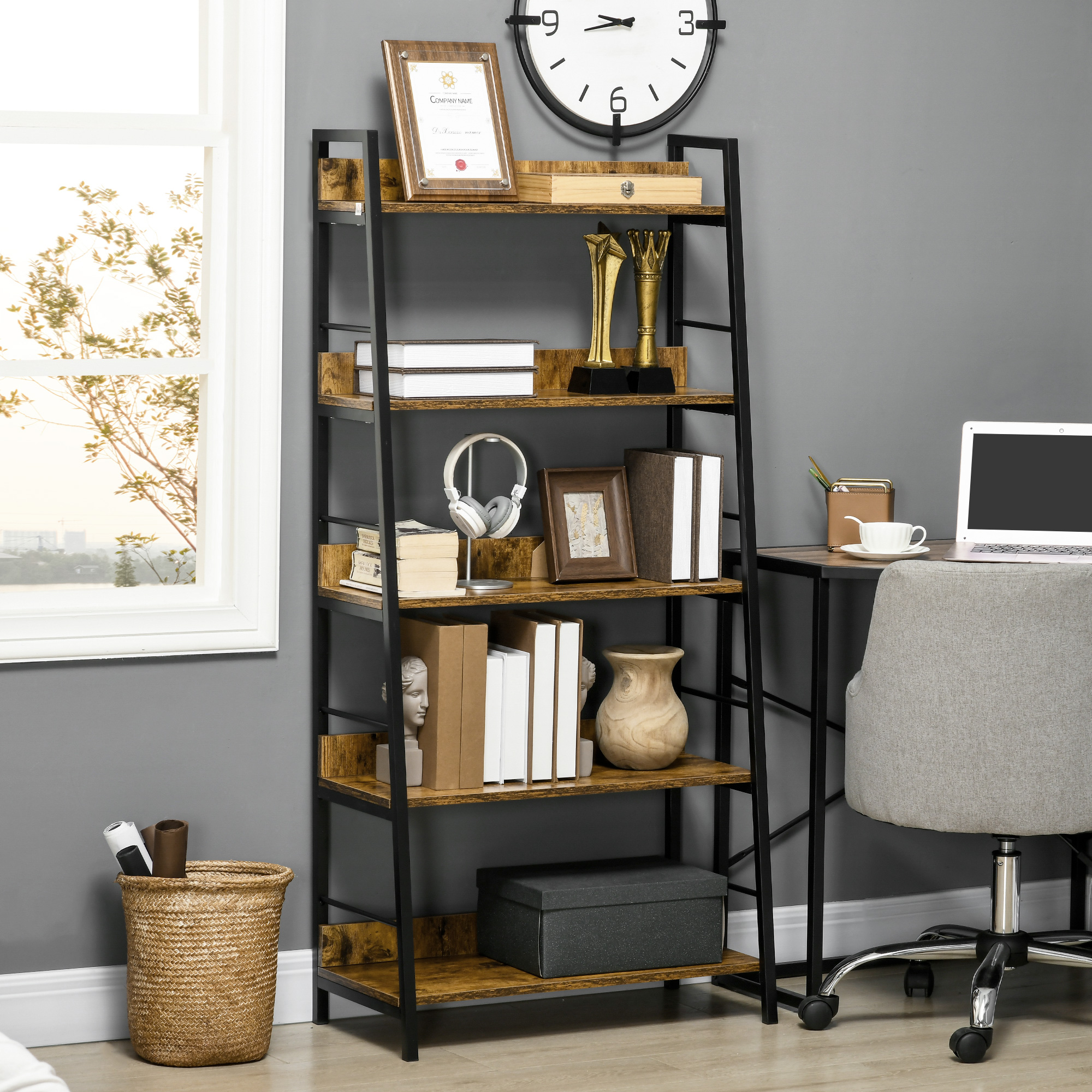 HOMCOM Schräges Industrie-Stil Bücherregal mit 5 Ebenen 70L x 35B x 150H cm