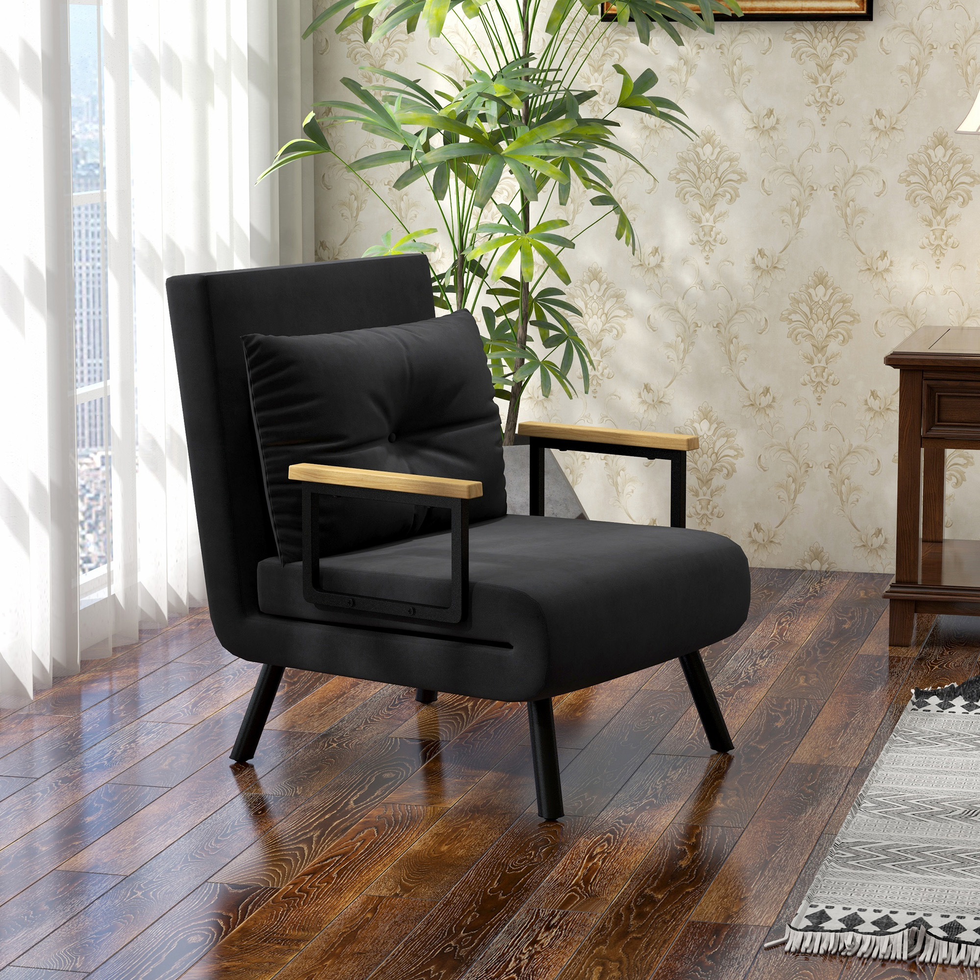 HOMCOM Schlafsessel 3 in 1 mit 5-fach verstellbarer Rückenlehne und Kissen, 63x73x81 cm, Schwarz